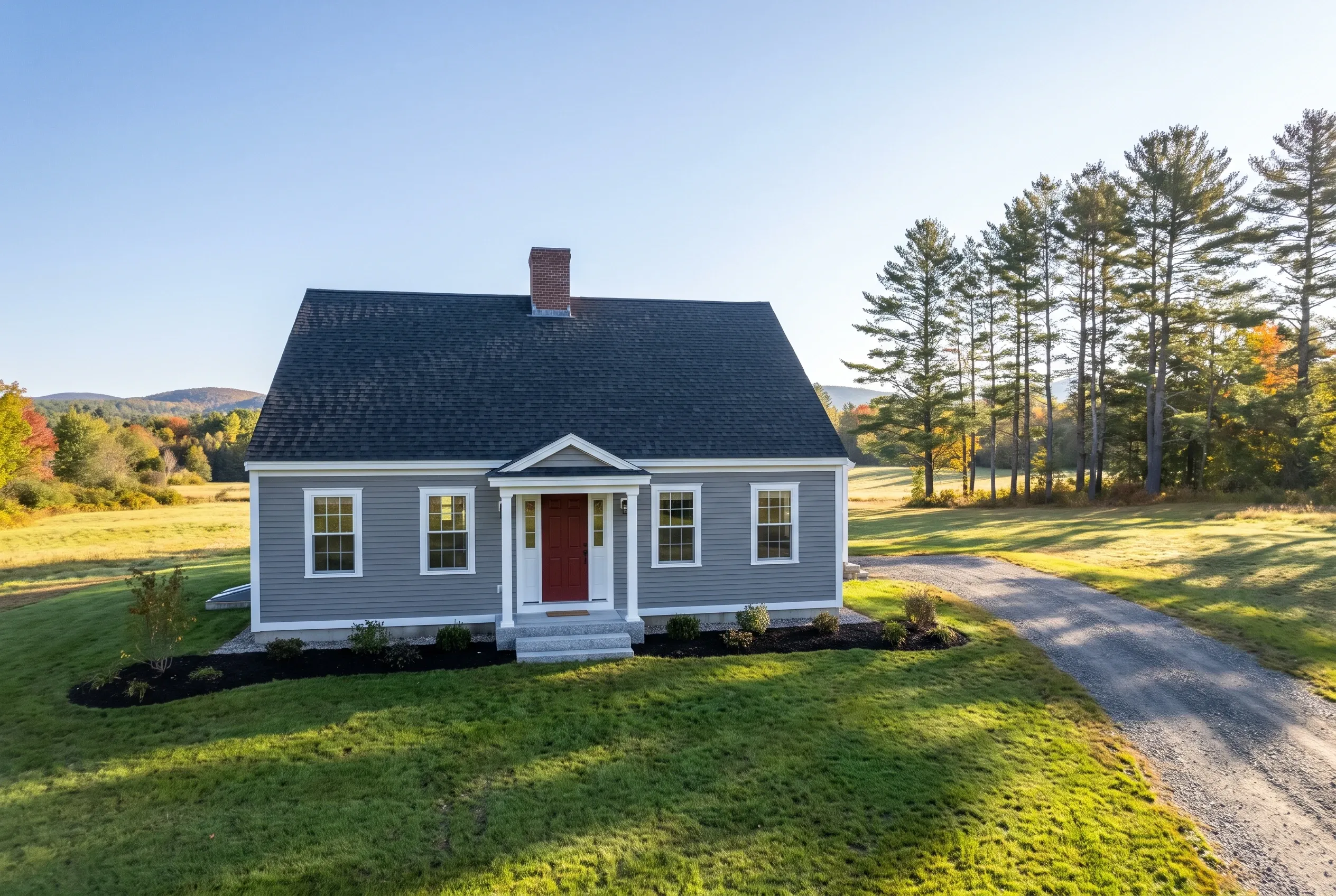 New England colonial home in Dayton, Maine: Single-story light blue house with white trim, red front door, dark roof and brick chimney on gravel driveway surrounded by lawn and tall pine trees.