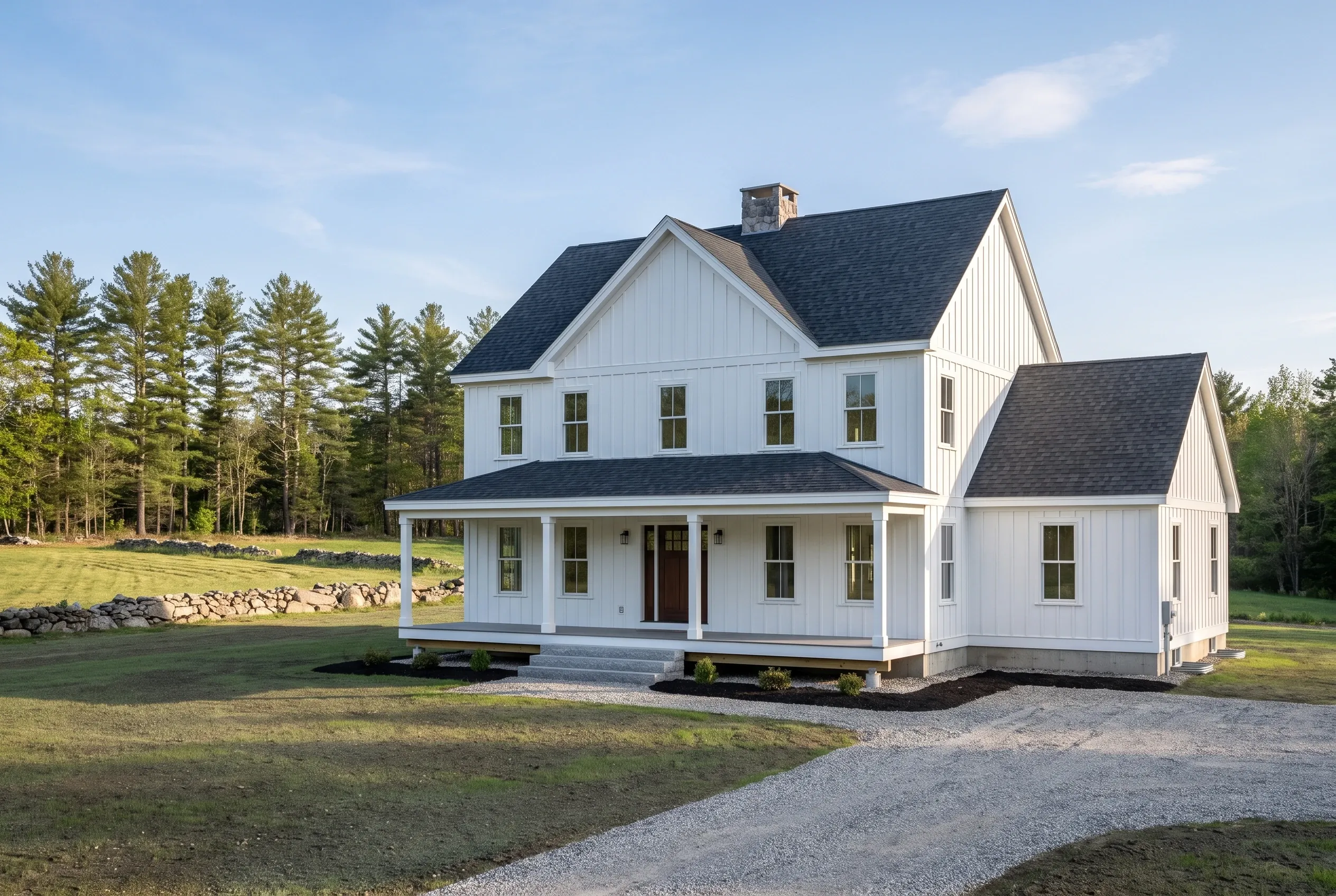 Custom home builder in Dayton, ME: White two-story farmhouse with dark roof, white trim, front porch, situated on gravel driveway with evergreen trees and stone wall in background.