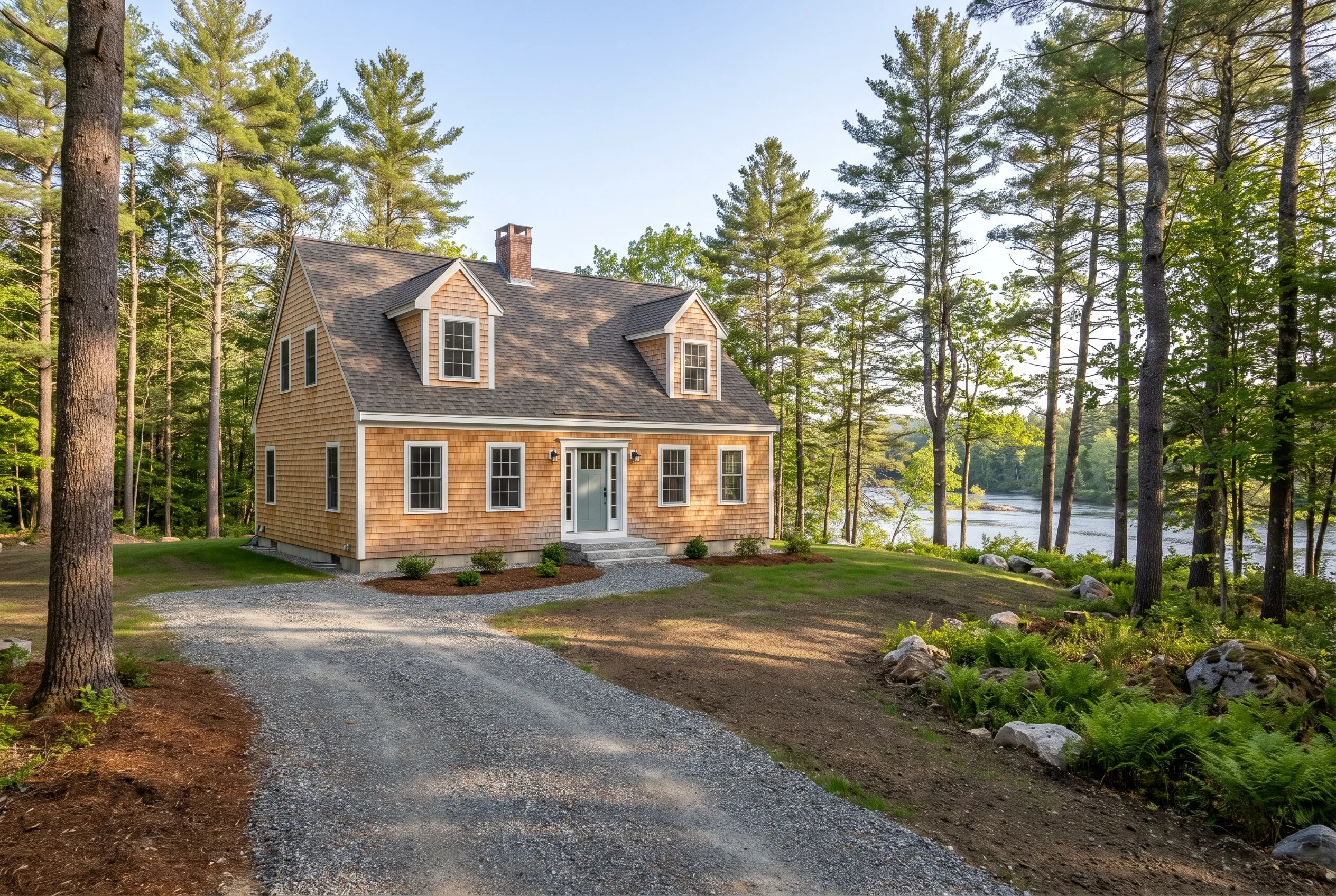 New Cape Cod home in Dayton, ME: Orange-brown shingle-sided house with white trim and dark roof situated on wooded lot overlooking water, gravel driveway visible.