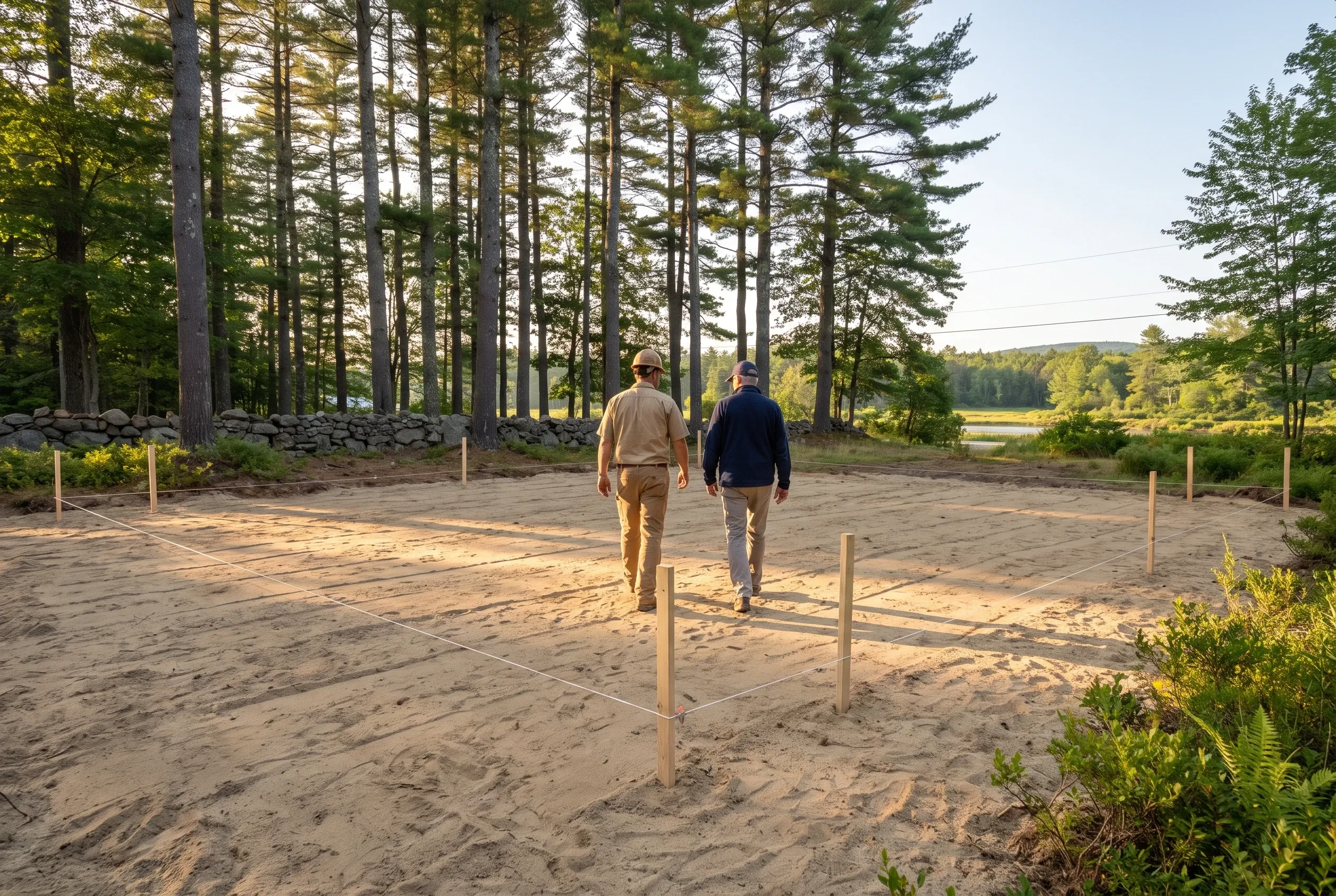 Residential lot preparation in Dayton, ME: Two people walking on sandy cleared ground with wooden stakes marking property lines, surrounded by tall pine trees and a lake view in the distance.