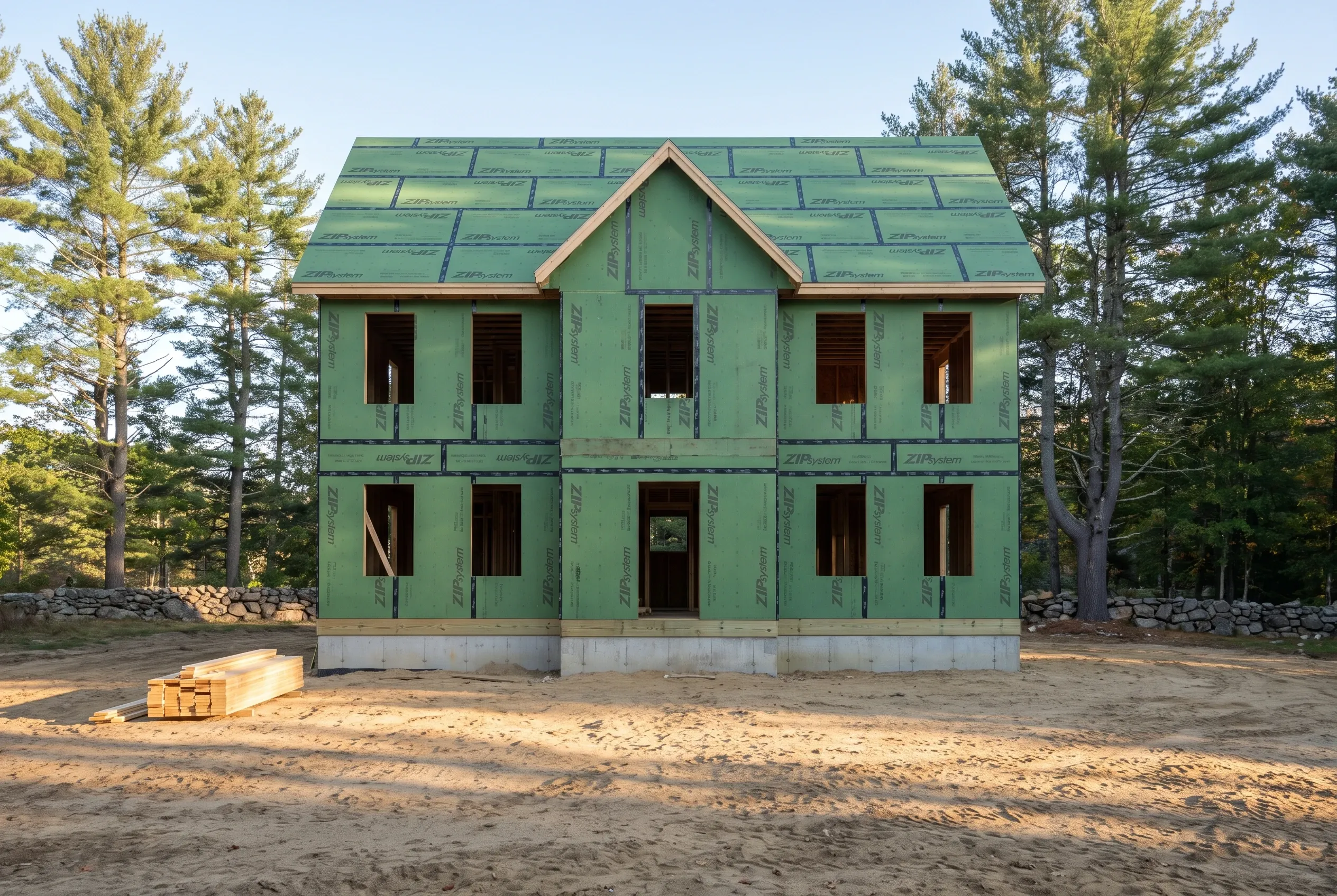 Two-story home under construction in Dayton, ME: Green sheathing wraps a wood-framed house with gabled roof, brown trim, and multiple windows. Pine trees surround the site with stacked lumber in foreground.