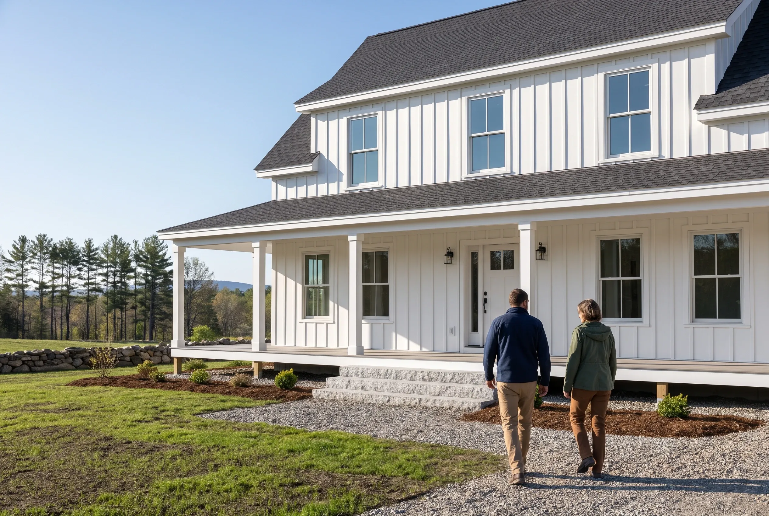 Modern farmhouse in Dayton, ME: Two people walk toward a white vertical board-sided two-story house with gray shingle roof, front porch with columns, and dormer windows, set on a gravel driveway with landscaping and pine trees in background.
