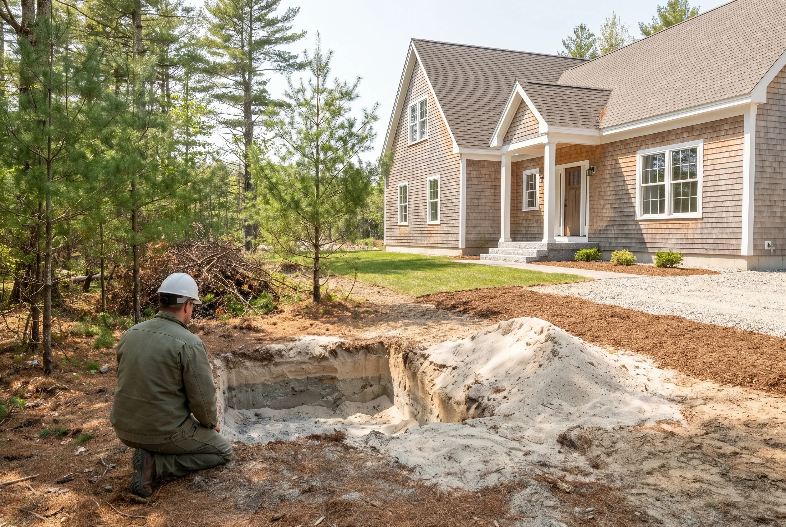 New home construction in Dayton, Maine: Worker in hard hat crouches beside excavation pit near tan cedar-shingled house with white trim and gray roof.