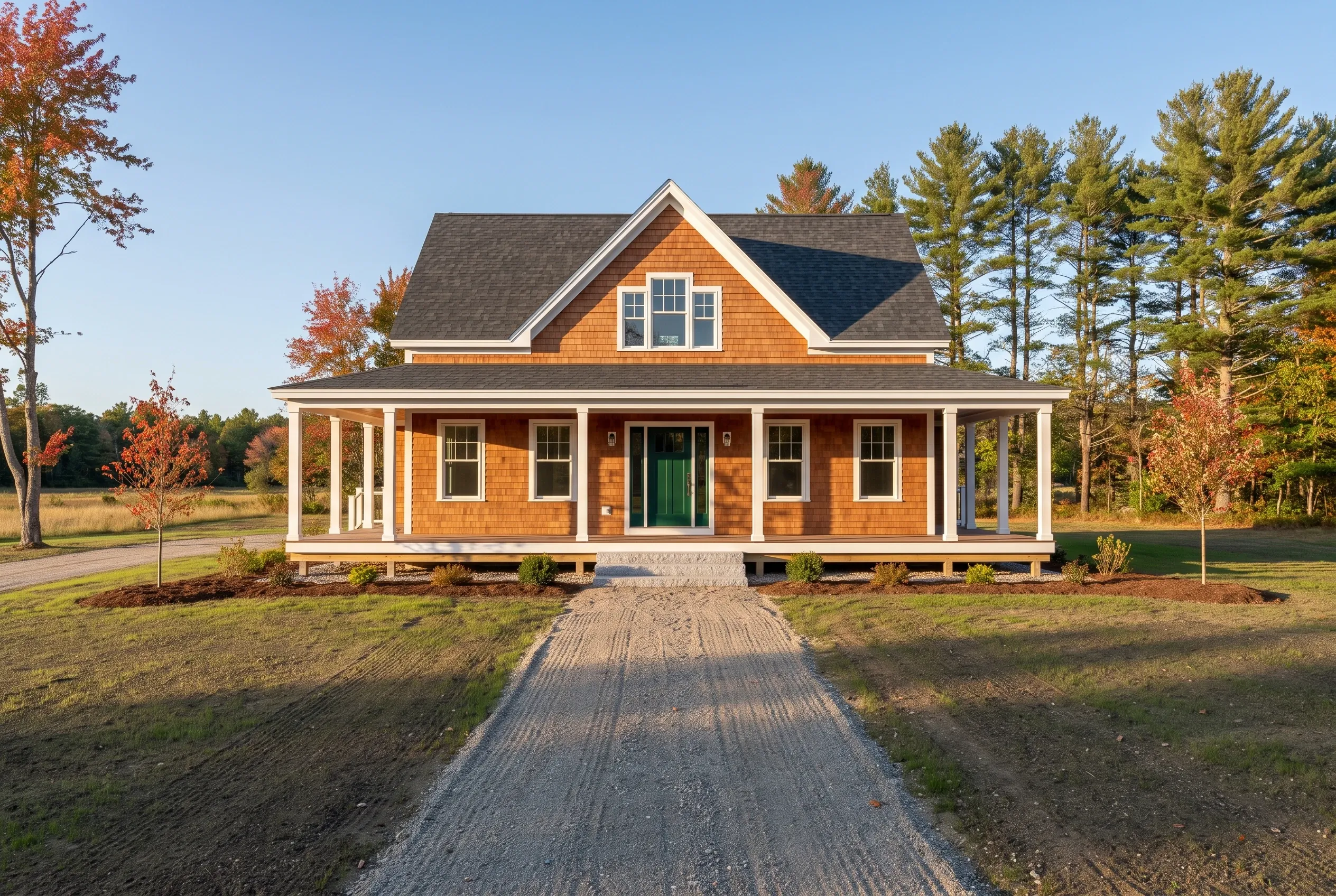 Modern farmhouse in Dayton, ME: Orange cedar shake sided house with white trim and dark roof, front porch, gravel driveway, surrounded by evergreen and deciduous trees in fall.