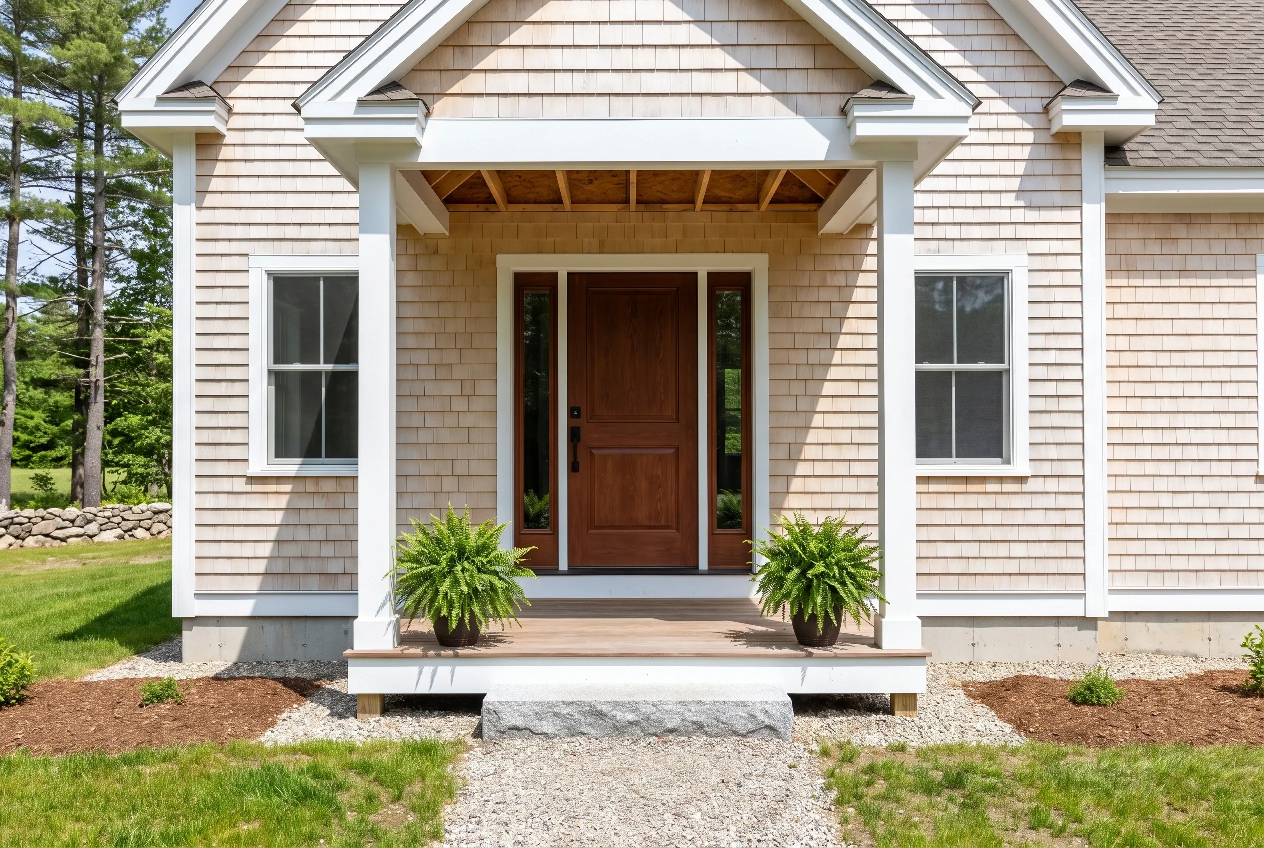 Contemporary home in Dayton, Maine: Single-story house with beige shingle siding, white trim, and gray roof. Covered front porch with wooden ceiling, dark wood door with sidelights, potted plants, and gravel walkway.