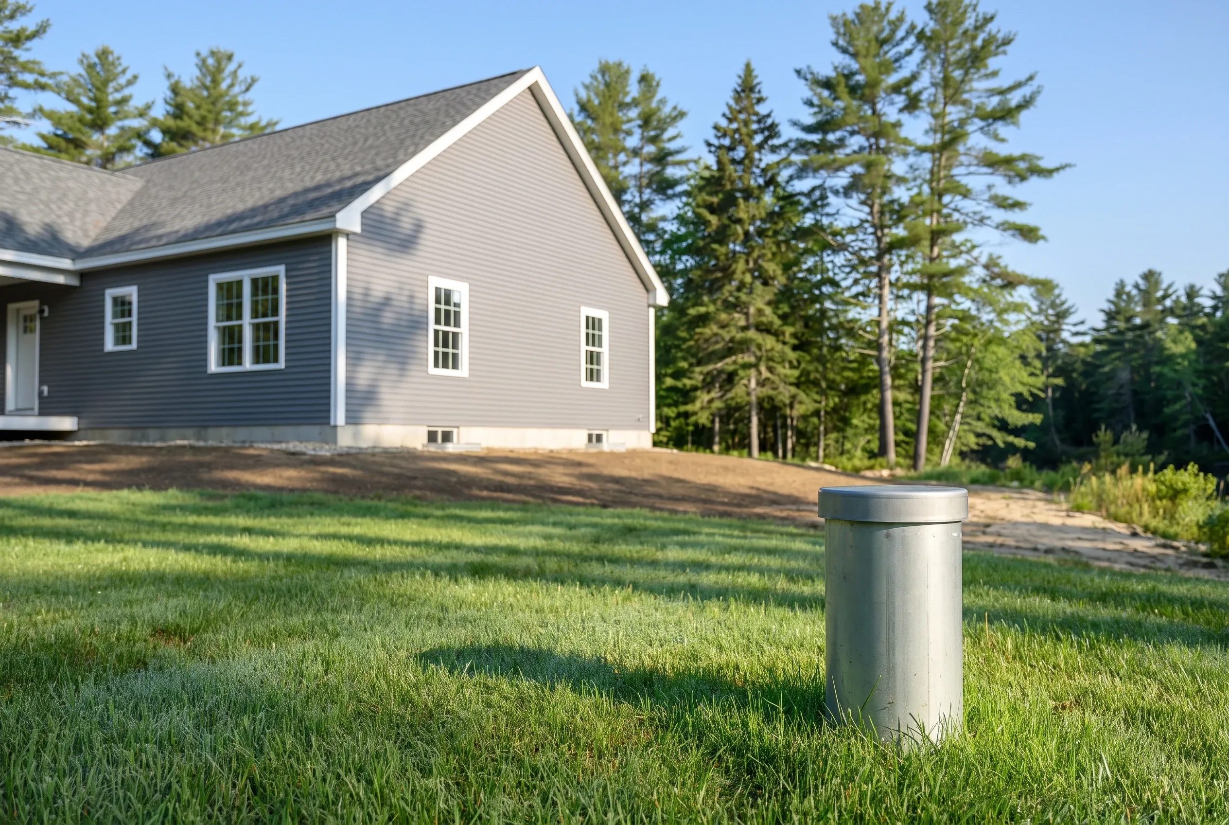 New home in Dayton, Maine: Gray and white ranch-style house with vinyl siding, white trim, and gray shingled roof surrounded by evergreen trees and lawn, with metal utility box in foreground.