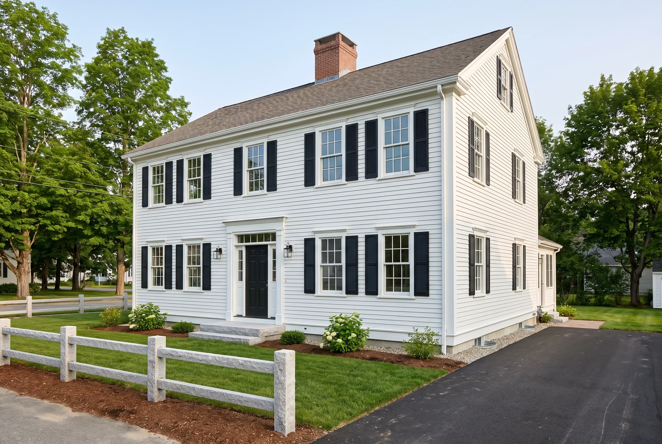 White Colonial Home in Gorham, Maine: Two-story white colonial house with black shutters and brick chimney, surrounded by mature trees and white fence.