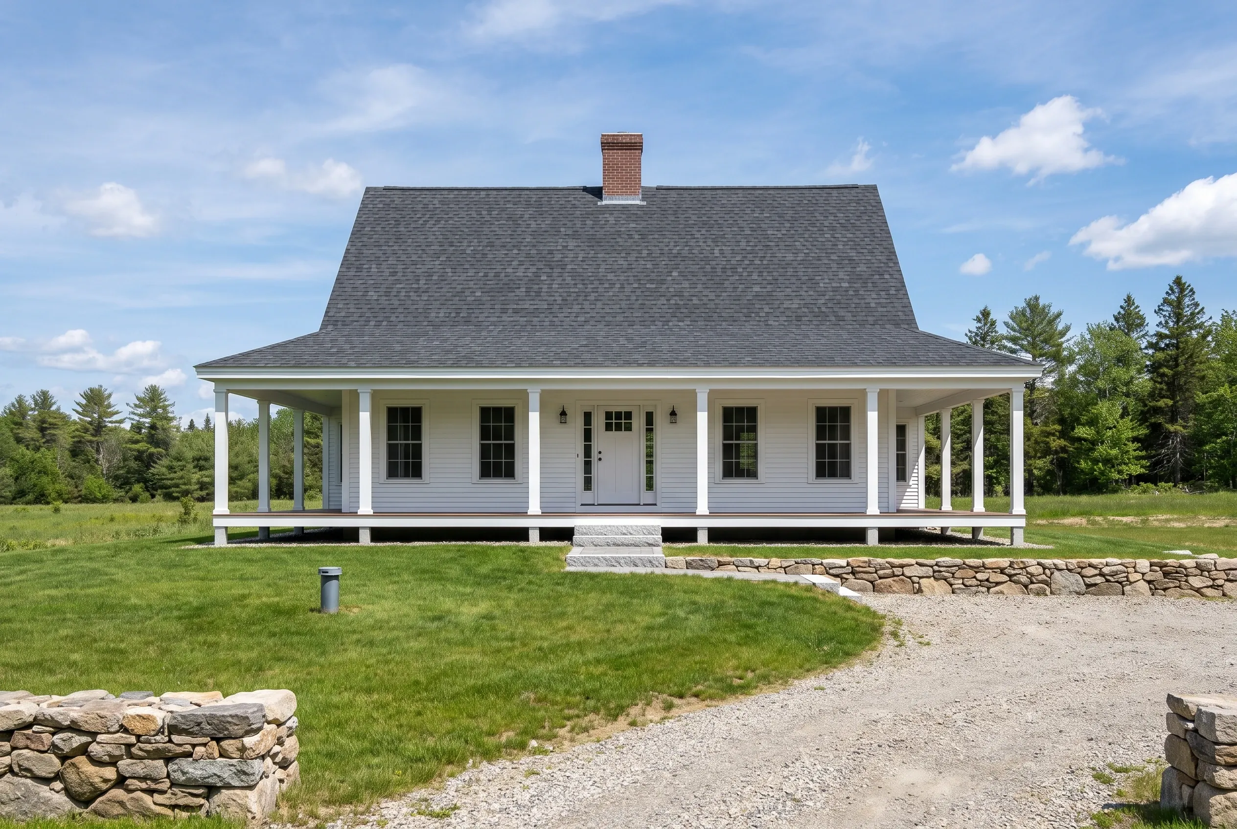 White farmhouse in Gorham, ME: Single-story white house with wrap-around porch, dark roof, brick chimney, surrounded by green lawn and evergreen trees.