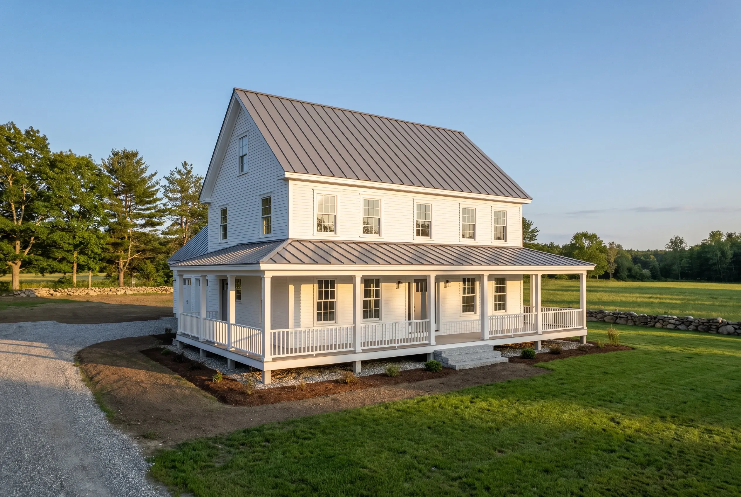 Custom home builder in Gorham, ME: White farmhouse with metal roof and wrap-around porch on rural property with green lawn and trees.