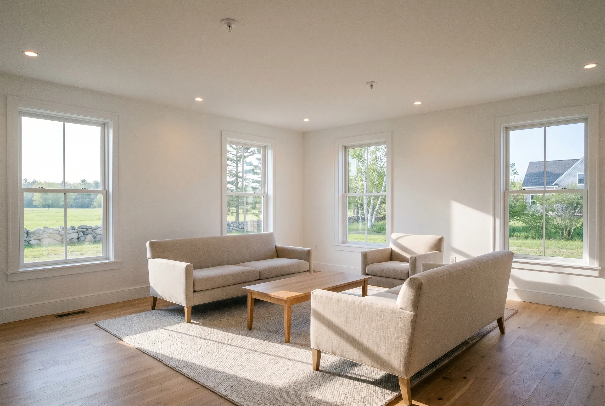 Bright modern living room in Gorham, Maine home: spacious room with hardwood floors, beige upholstered furniture, wooden coffee table, large windows overlooking green fields and neighboring houses.