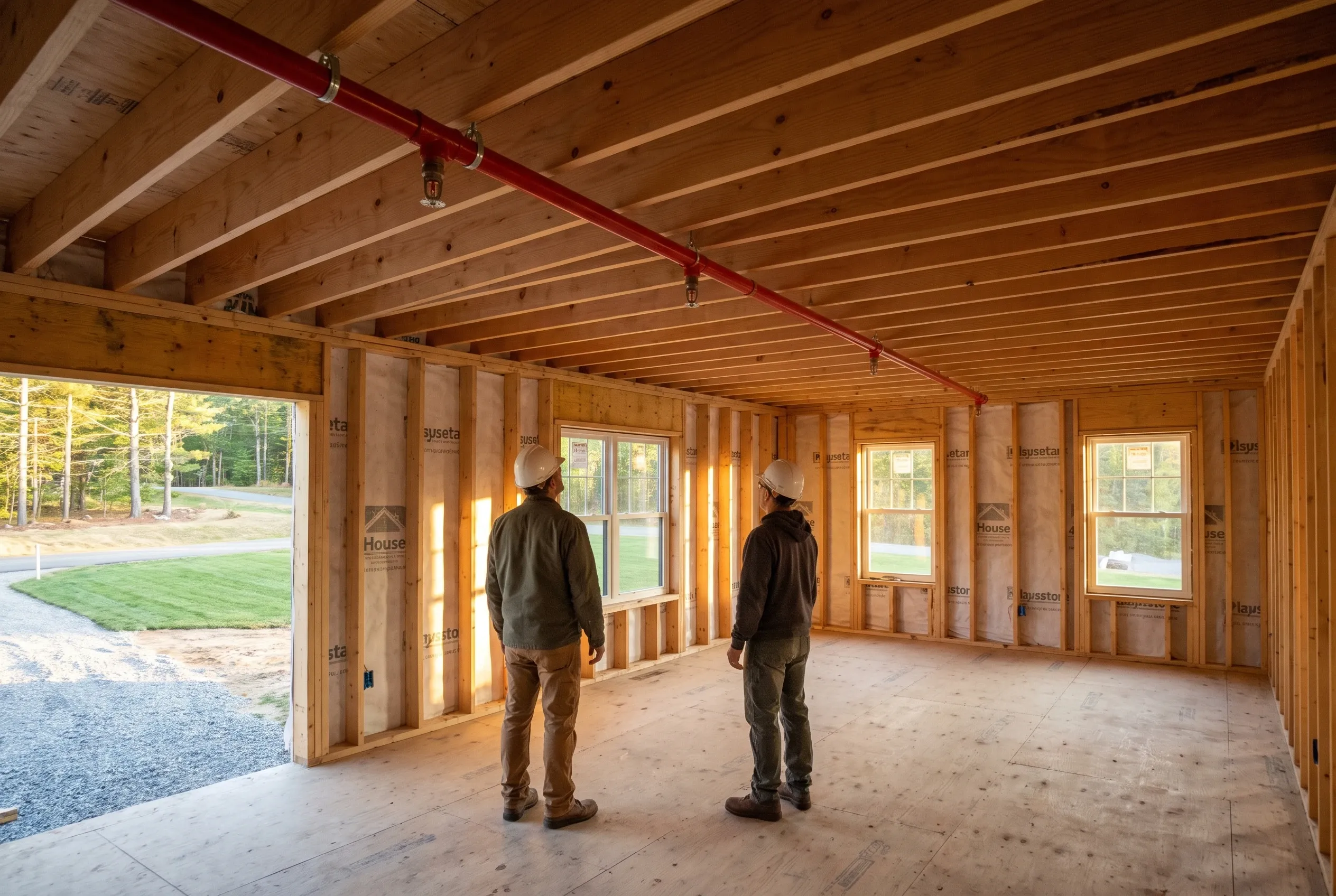 New home construction in Gorham, Maine: Two workers inspect the interior of a wooden-framed house with exposed beams, multiple windows, and open floor plan during framing stage.