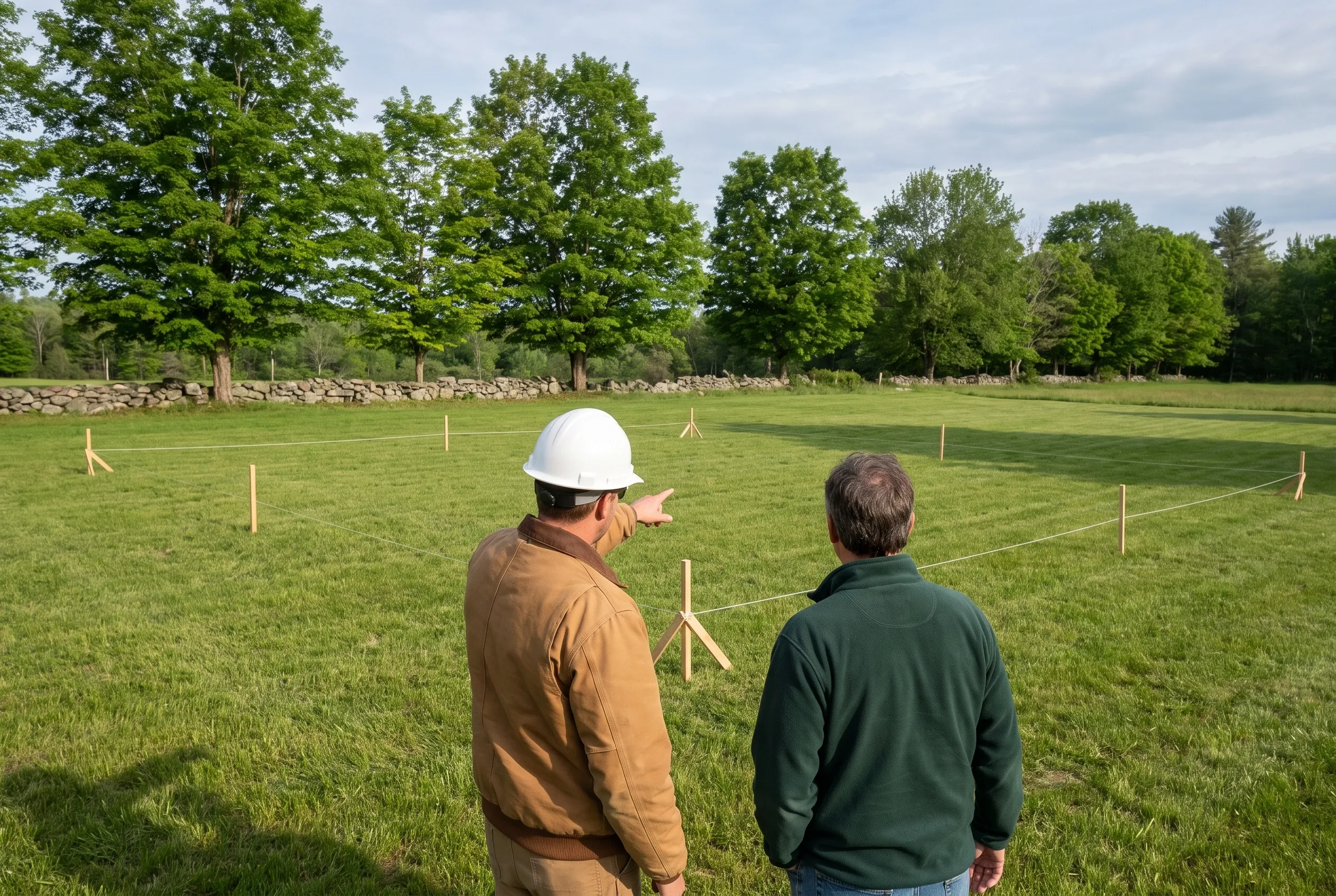 Land survey in Gorham, ME: Two men standing in a grassy field with surveying stakes and string lines marking out a building lot, with trees and stone walls in the background.