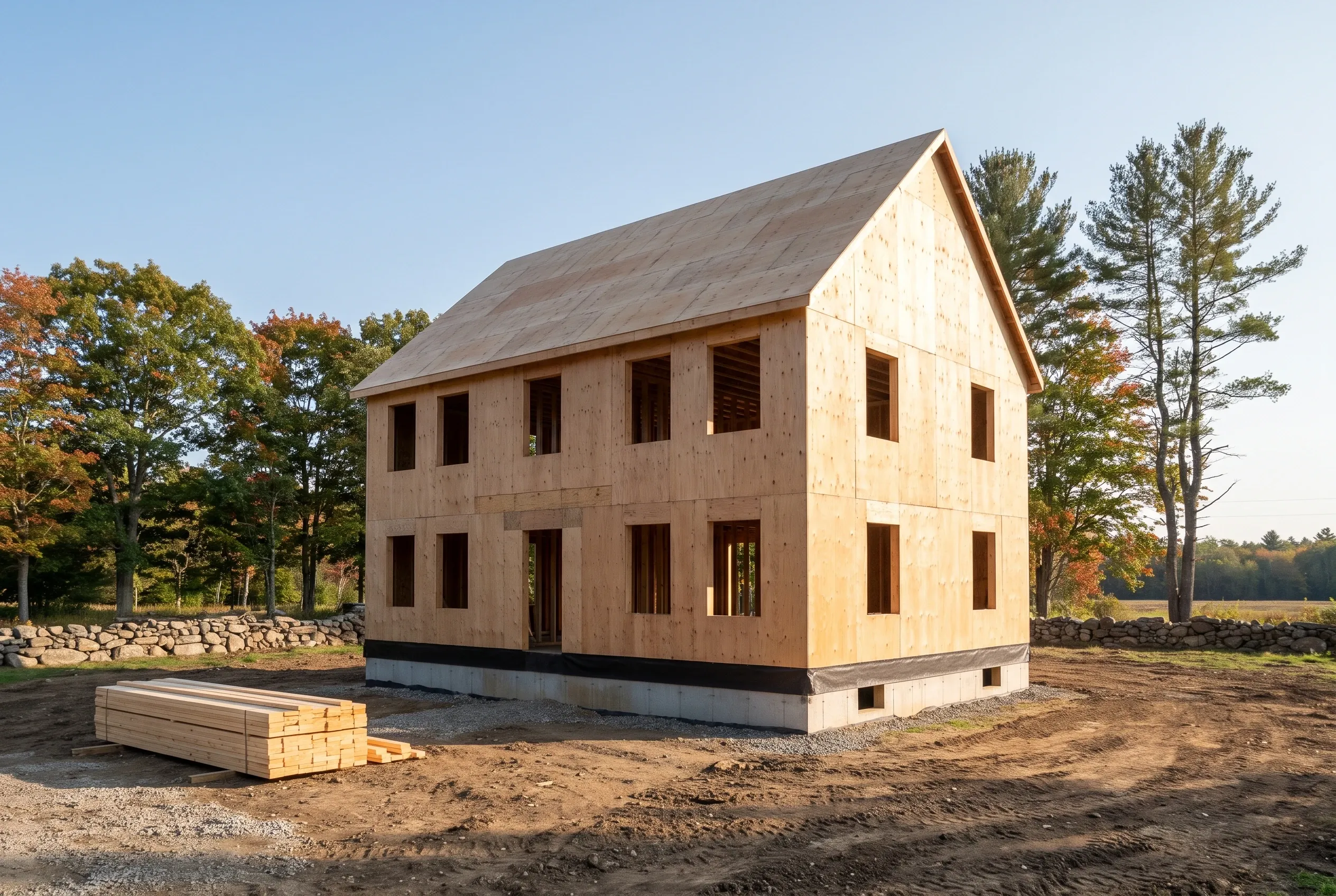 New construction home in Gorham, Maine: Two-story wood-framed house with tan plywood sheathing, brown trim, and gray shingled roof in rural setting surrounded by trees.