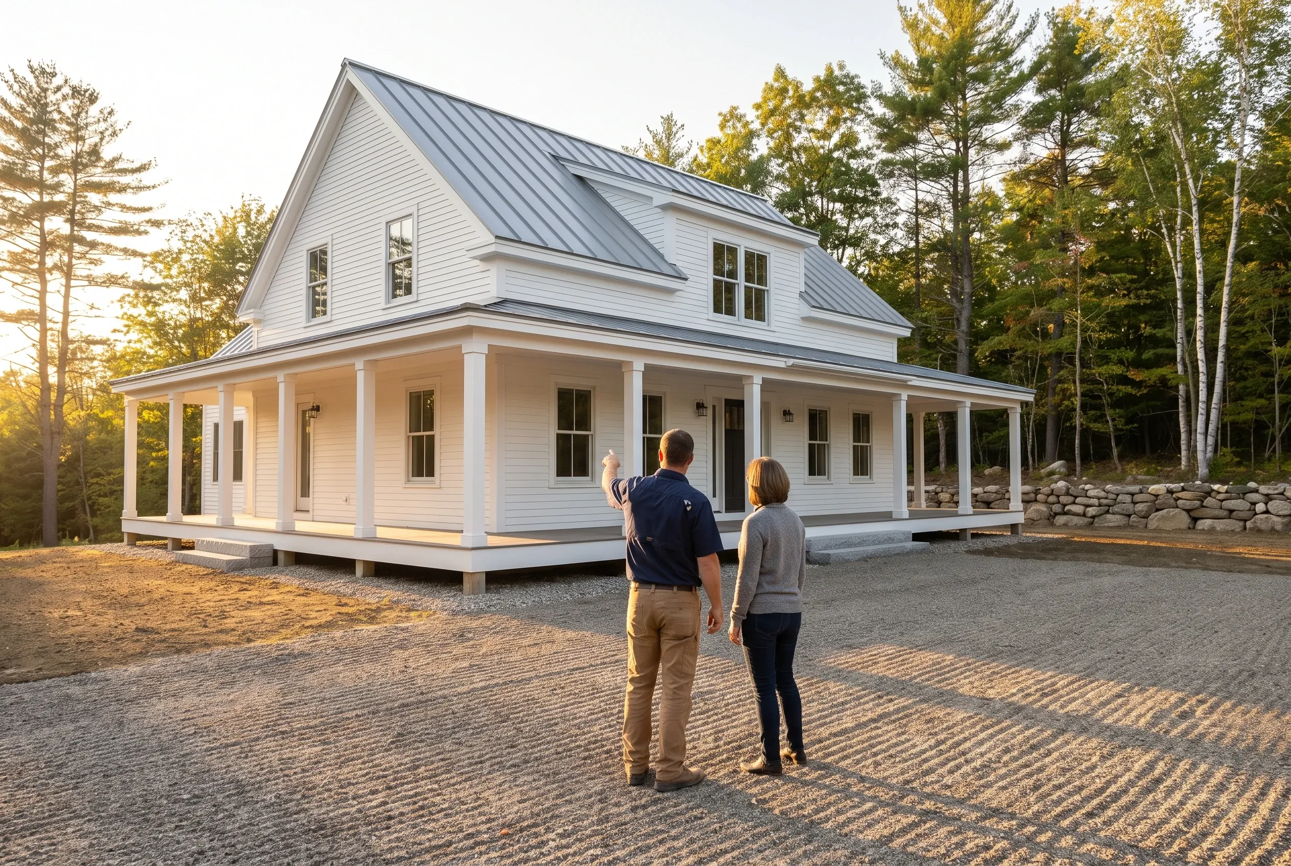 New farmhouse in Gorham, ME: A couple stands in the driveway viewing a white-sided two-story house with metal roof, front porch, and surrounding pine trees.