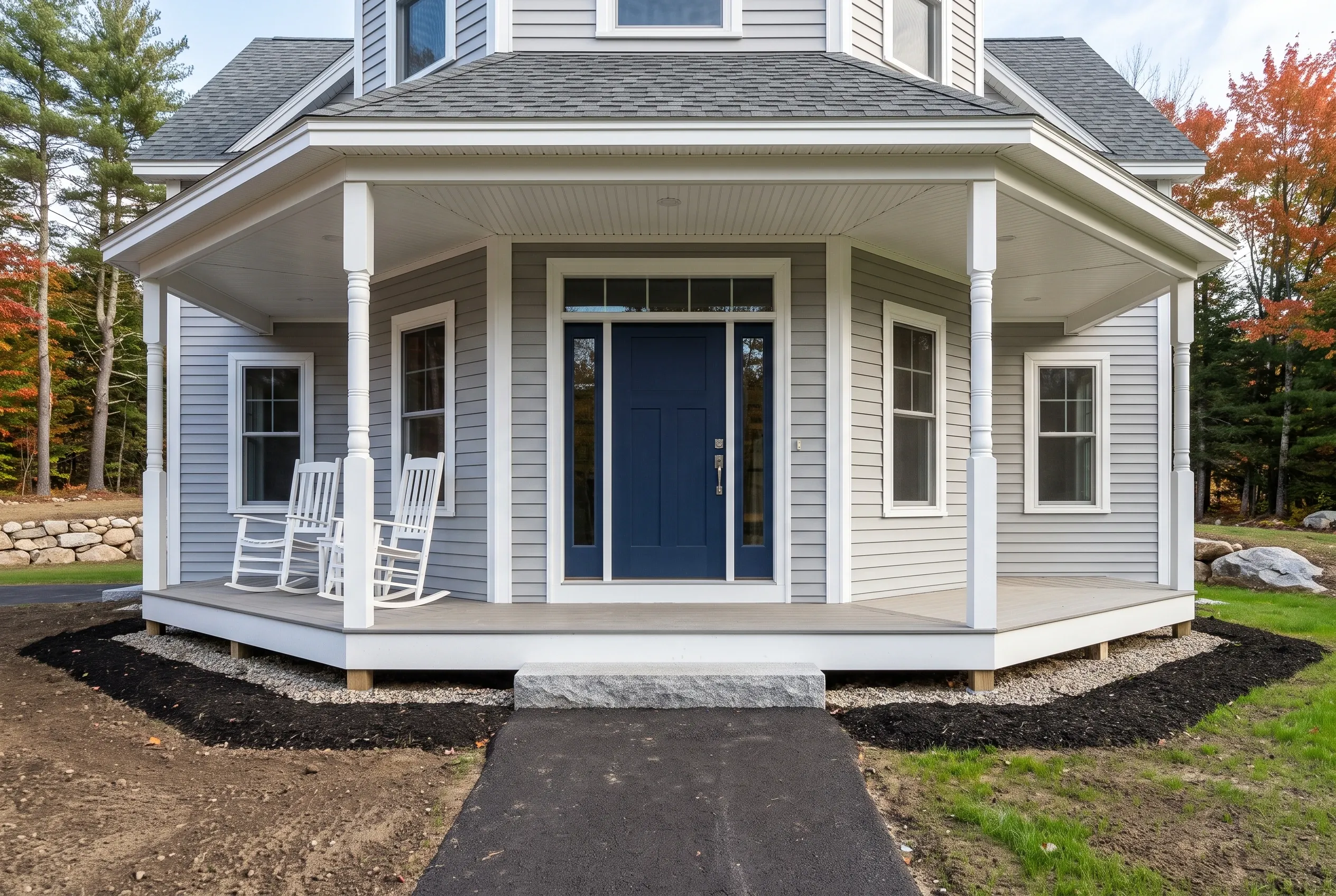 New farmhouse in Gorham, ME: White single-story home with light gray siding, white trim and columns, dark blue front door, gray roof, front porch with two white rocking chairs, surrounded by fall foliage.