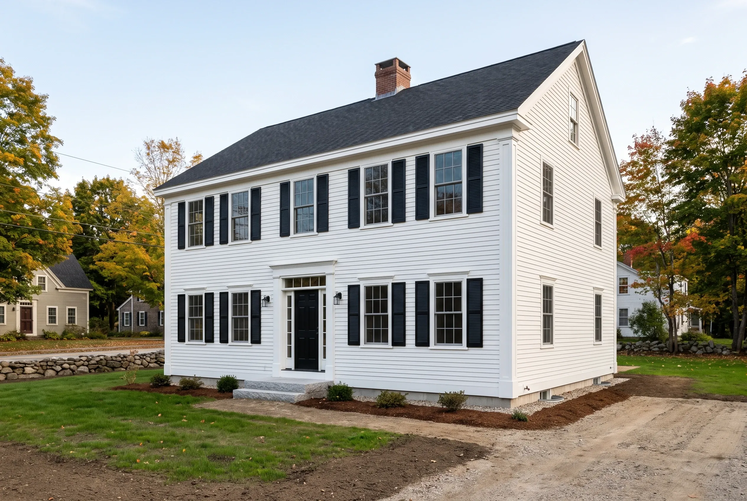 New white colonial home in Gorham, Maine: Two-story white vinyl-sided house with black shutters, dark roof, brick chimney, and foundation plantings on landscaped lawn.