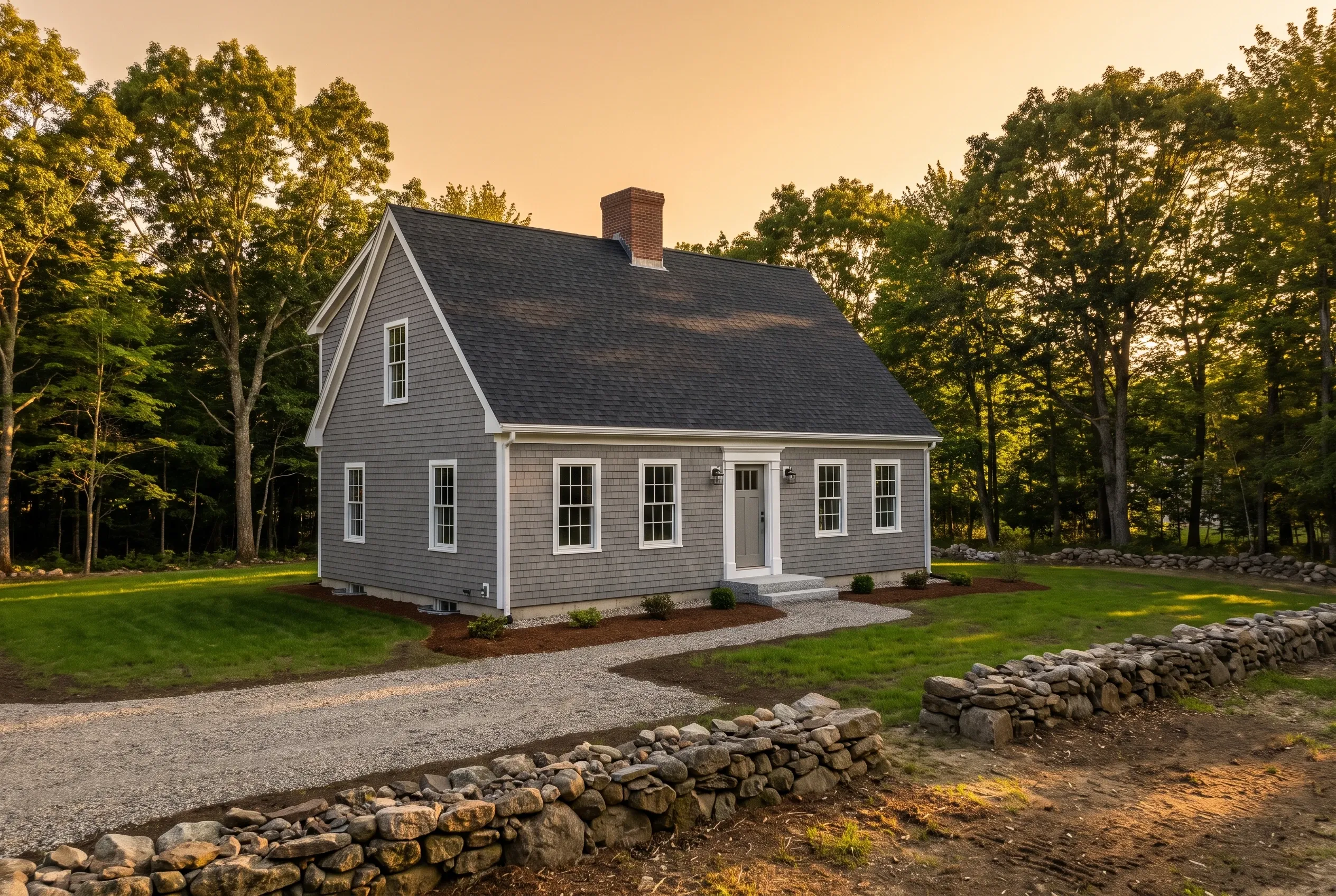 Gray Cape Cod in Hollis, Maine: A gray-shingled cape cod house with white trim and dark roof stands on a gravel driveway surrounded by mature trees and stone walls.