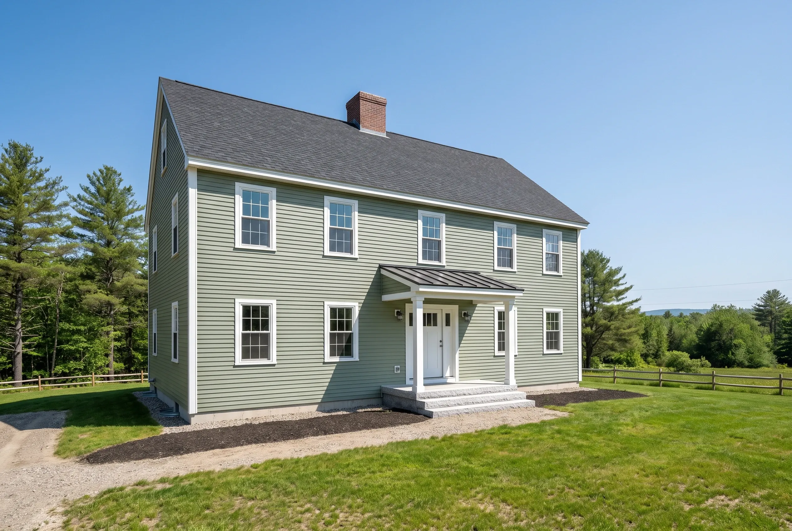 Custom home builder in Hollis, ME: Two-story farmhouse with light green horizontal siding, white trim, dark gray roof, brick chimney, front porch, surrounded by grassy lawn and evergreen trees.