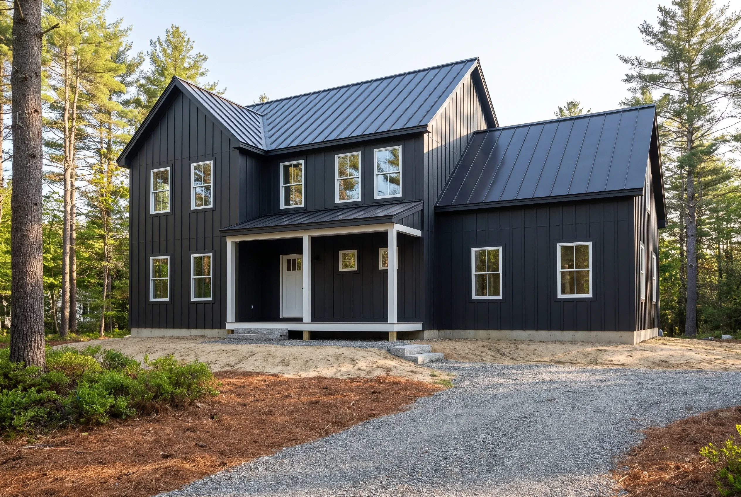 Modern farmhouse in Hollis, Maine: Black vertical siding two-story home with white trim and metal roof, surrounded by tall pine trees on gravel driveway.