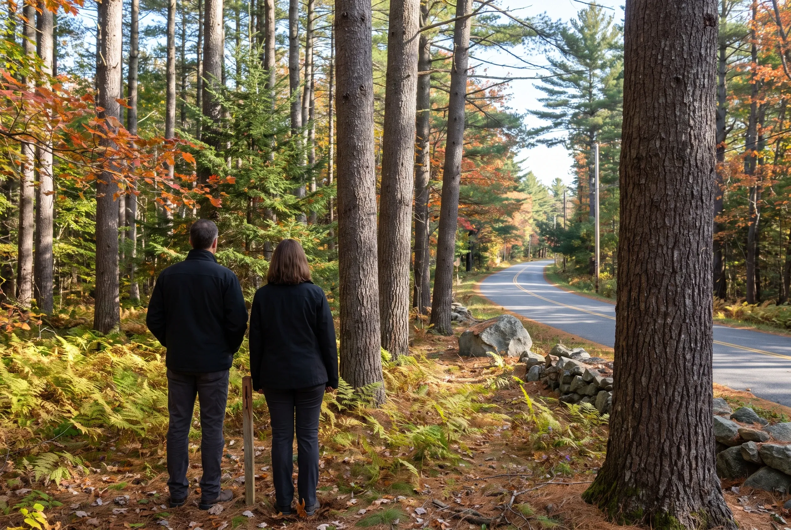 Two people walking on forest path: Hollis, Maine forest road with tall evergreen and deciduous trees showing fall foliage.