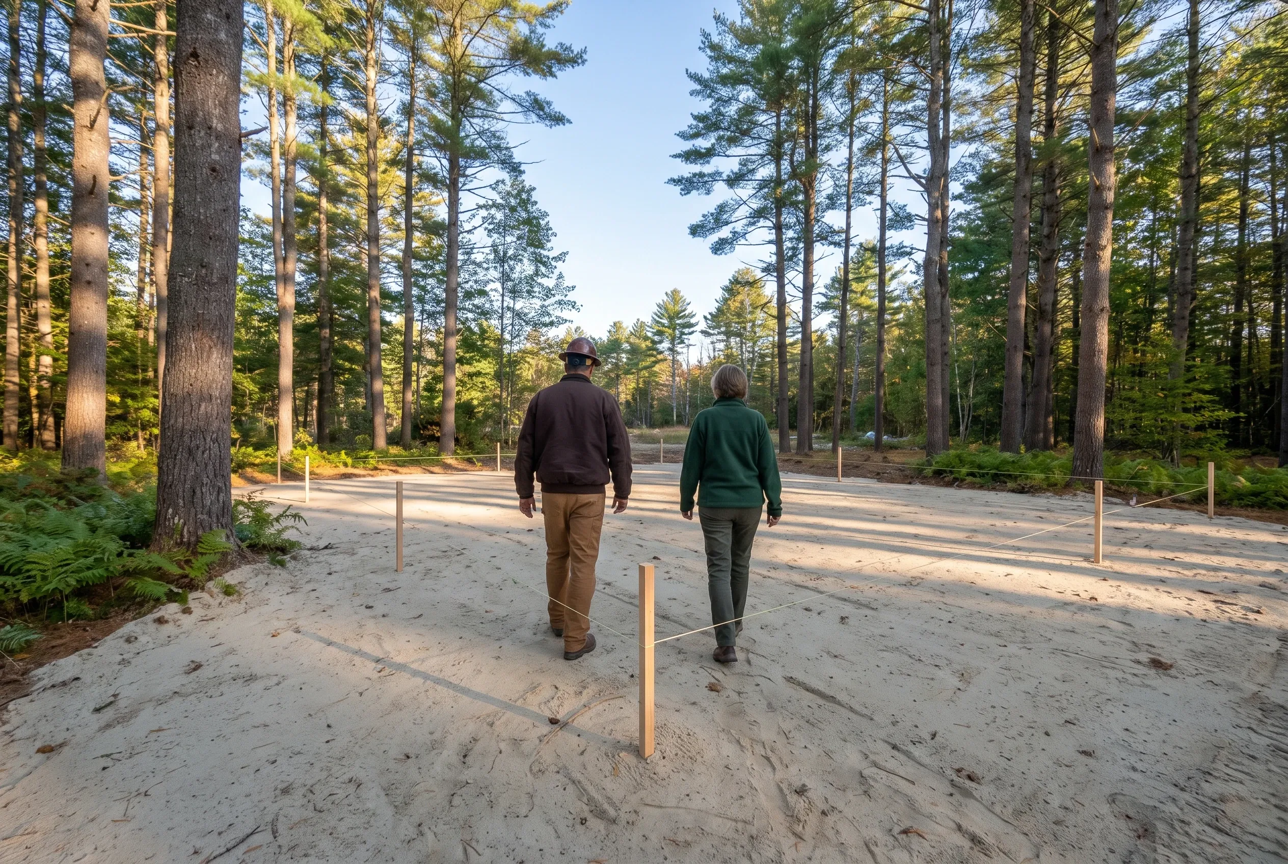 Forest construction site in Hollis, Maine: Two people walking on sandy ground through tall pine trees with wooden stakes marking the area.