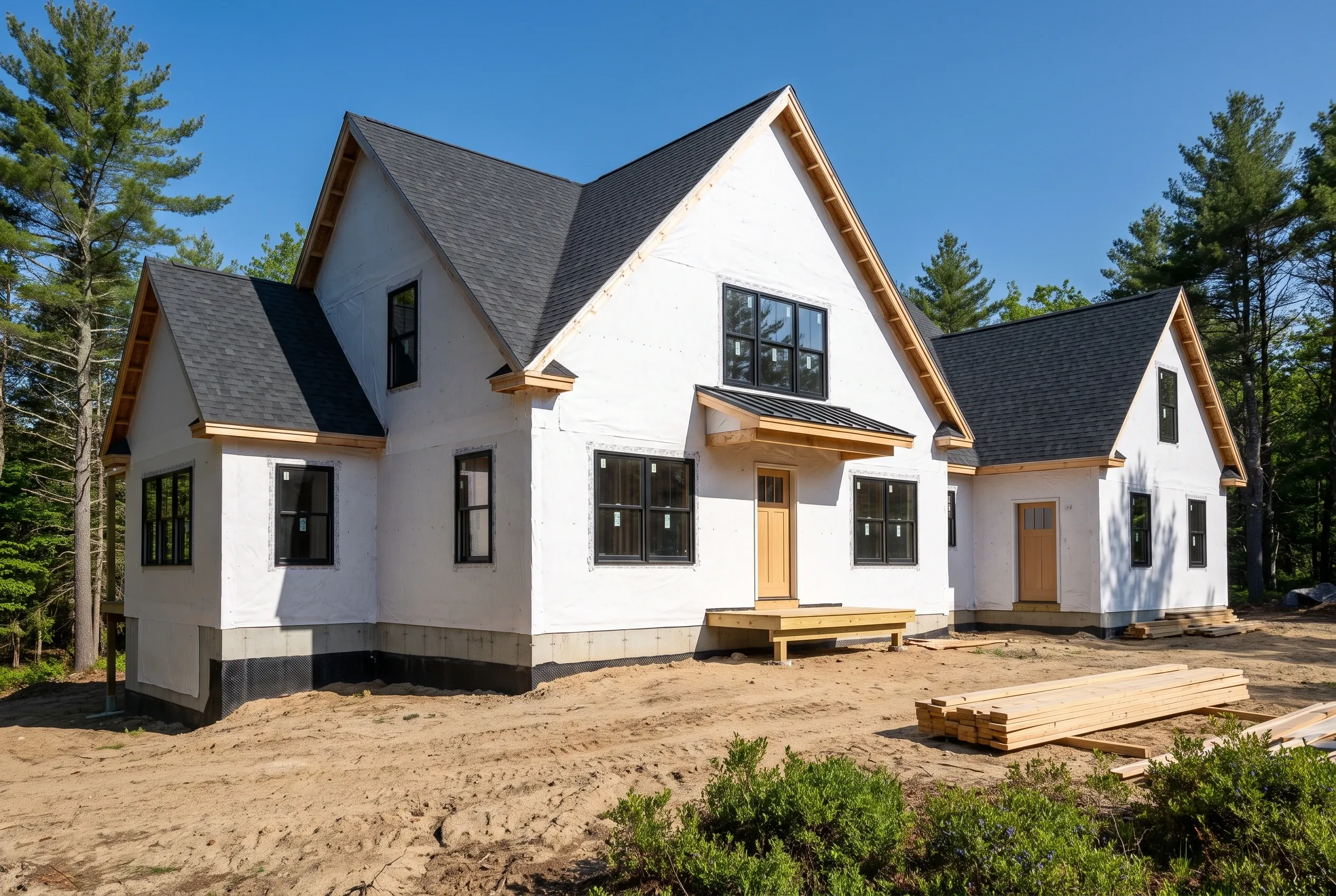New white farmhouse under construction in Hollis ME: White-sided home with black windows, wooden trim, gray roof, sandy lot, pine trees, lumber stack nearby.