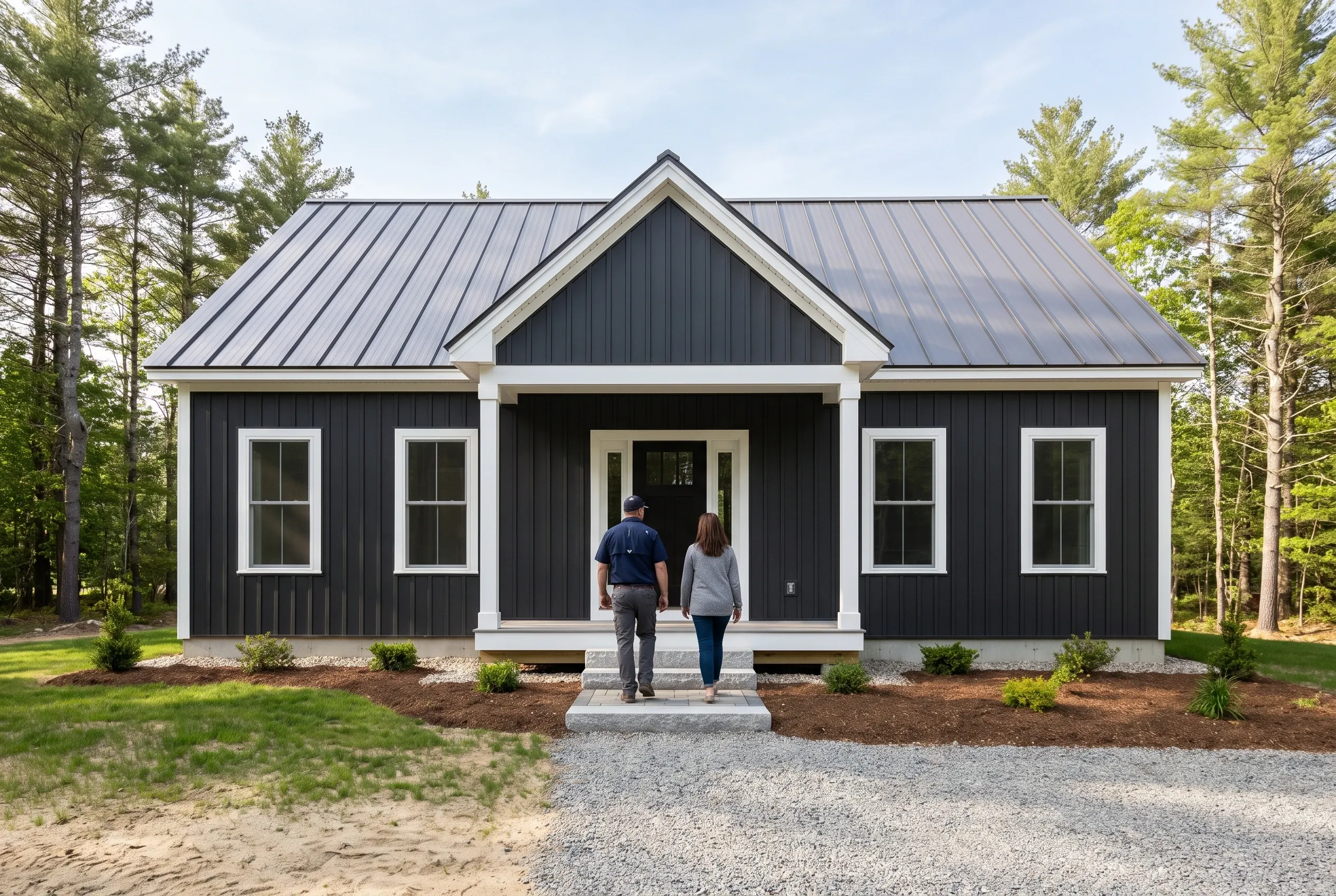 Modern farmhouse in Hollis, Maine: A black and white single-story house with metal roof, white trim, and four windows. Two people stand on the front porch. Gravel driveway and pine trees surround the home.