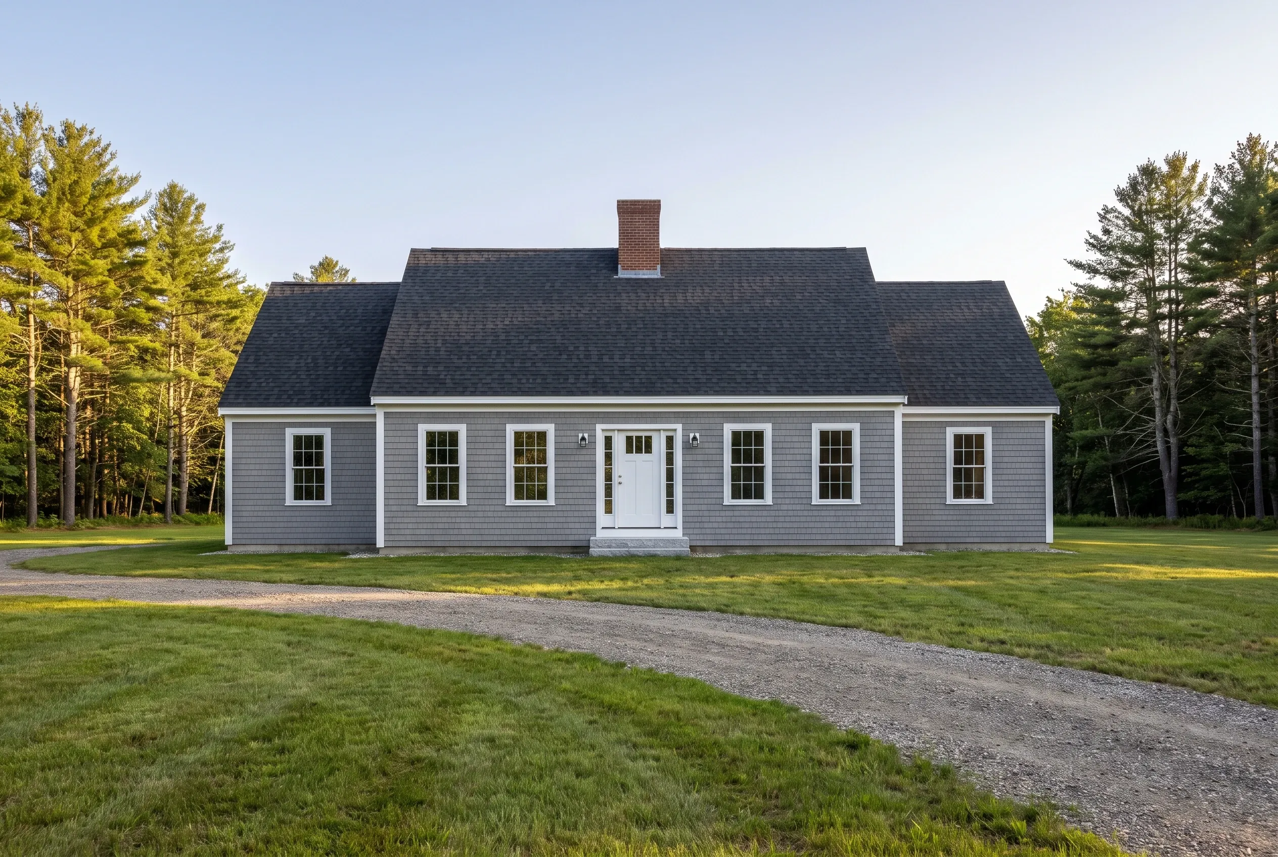 Gray and white ranch home in Hollis, Maine: Single-story house with gray shingle siding, white trim, and dark roof with brick chimney, situated on grassy lot surrounded by pine trees.