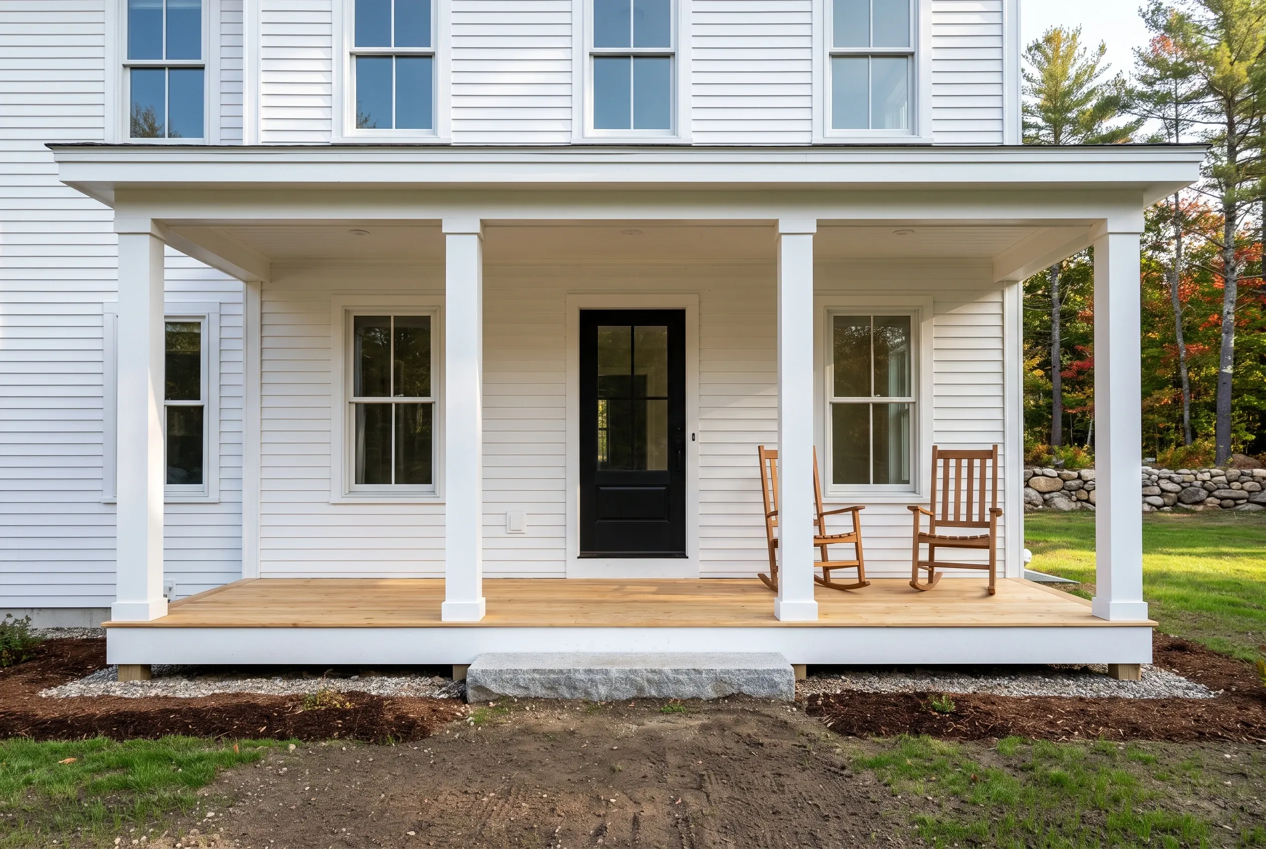 New colonial home porch in Hollis, Maine: White clapboard siding farmhouse with white trim and columns, wooden deck, black front door, rocking chairs, evergreen trees visible in background.