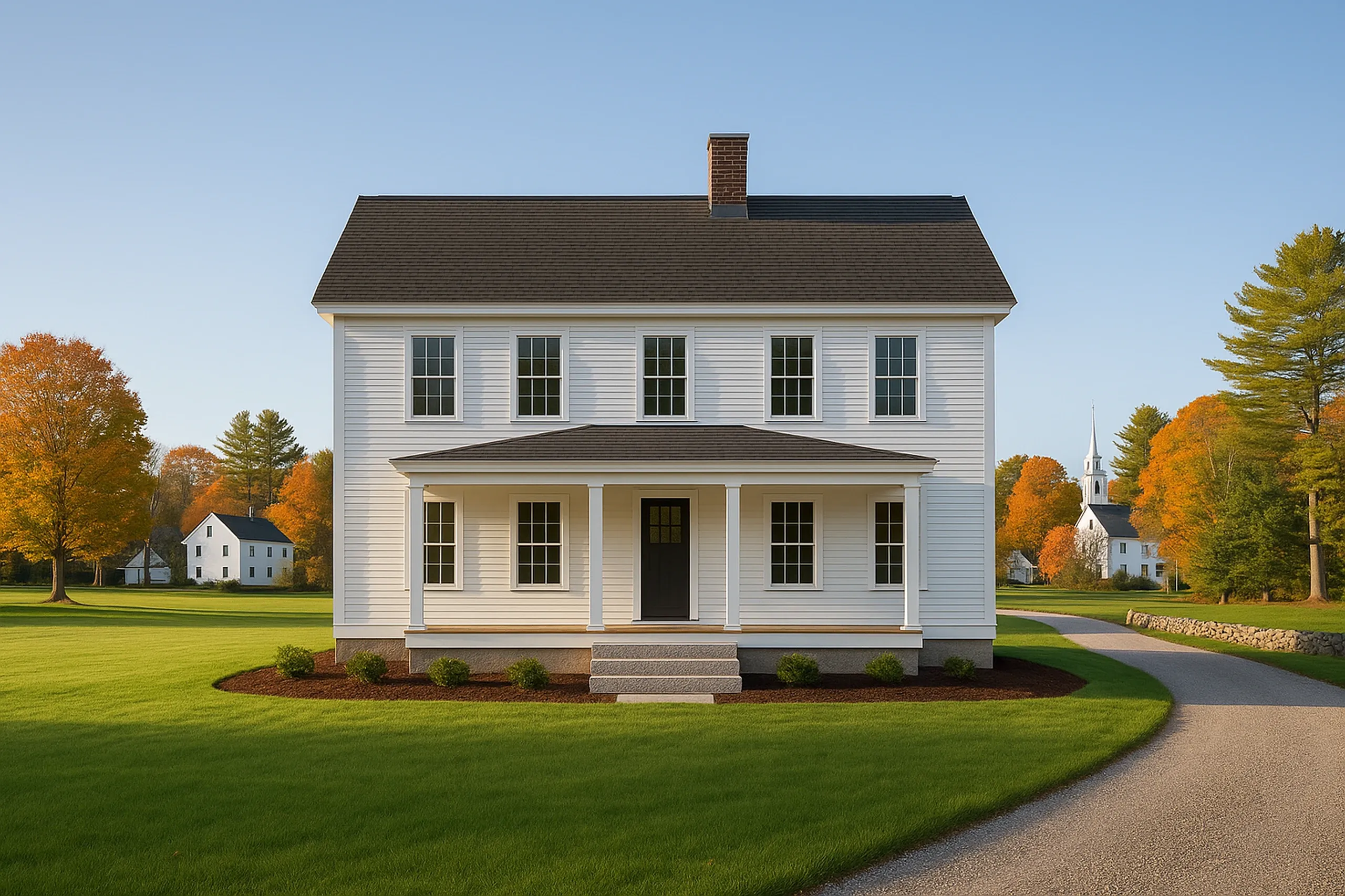 White Colonial Home in Hollis, Maine: Two-story white vinyl-sided colonial with dark roof and brick chimney, front porch with columns, situated on green lawn with fall foliage and church steeple visible in background.