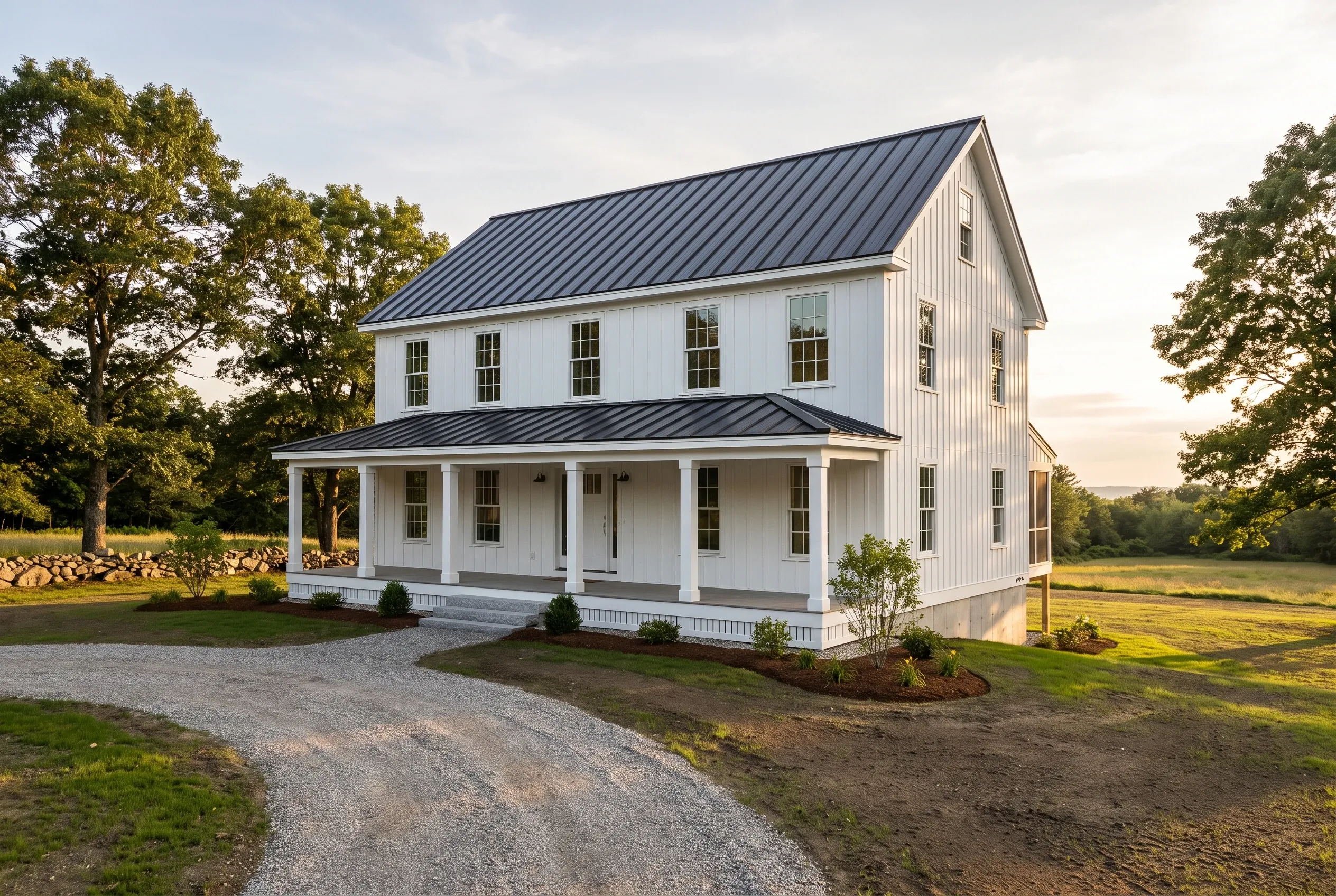 Modern Farmhouse in Kennebunk, ME: Two-story white vertical siding house with dark metal roof and white front porch columns on gravel driveway, surrounded by open lawn and trees.