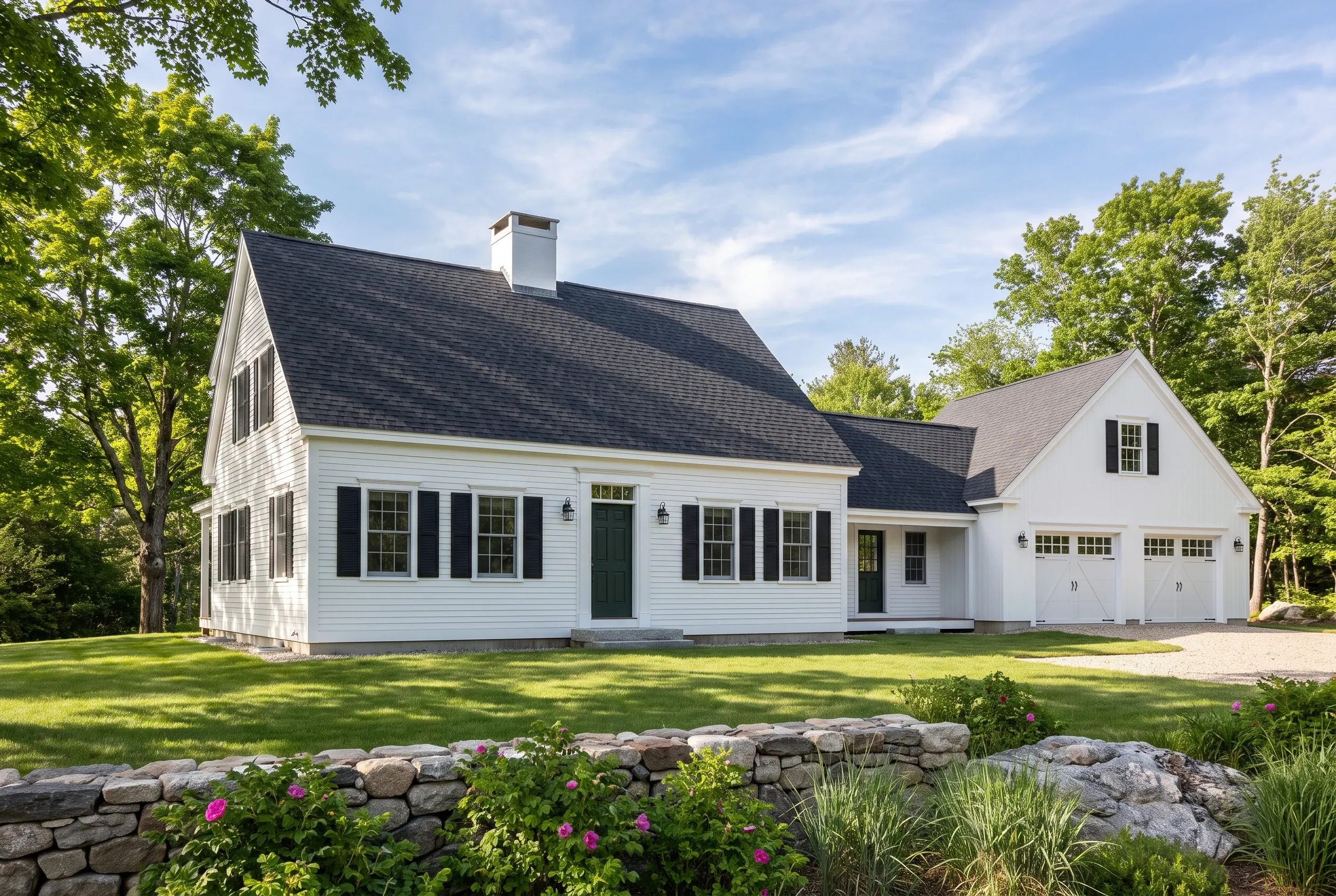 Custom home builder in Kennebunk, ME: White colonial house with black shutters, dark roof, attached garage, stone wall with pink flowers, surrounded by trees.