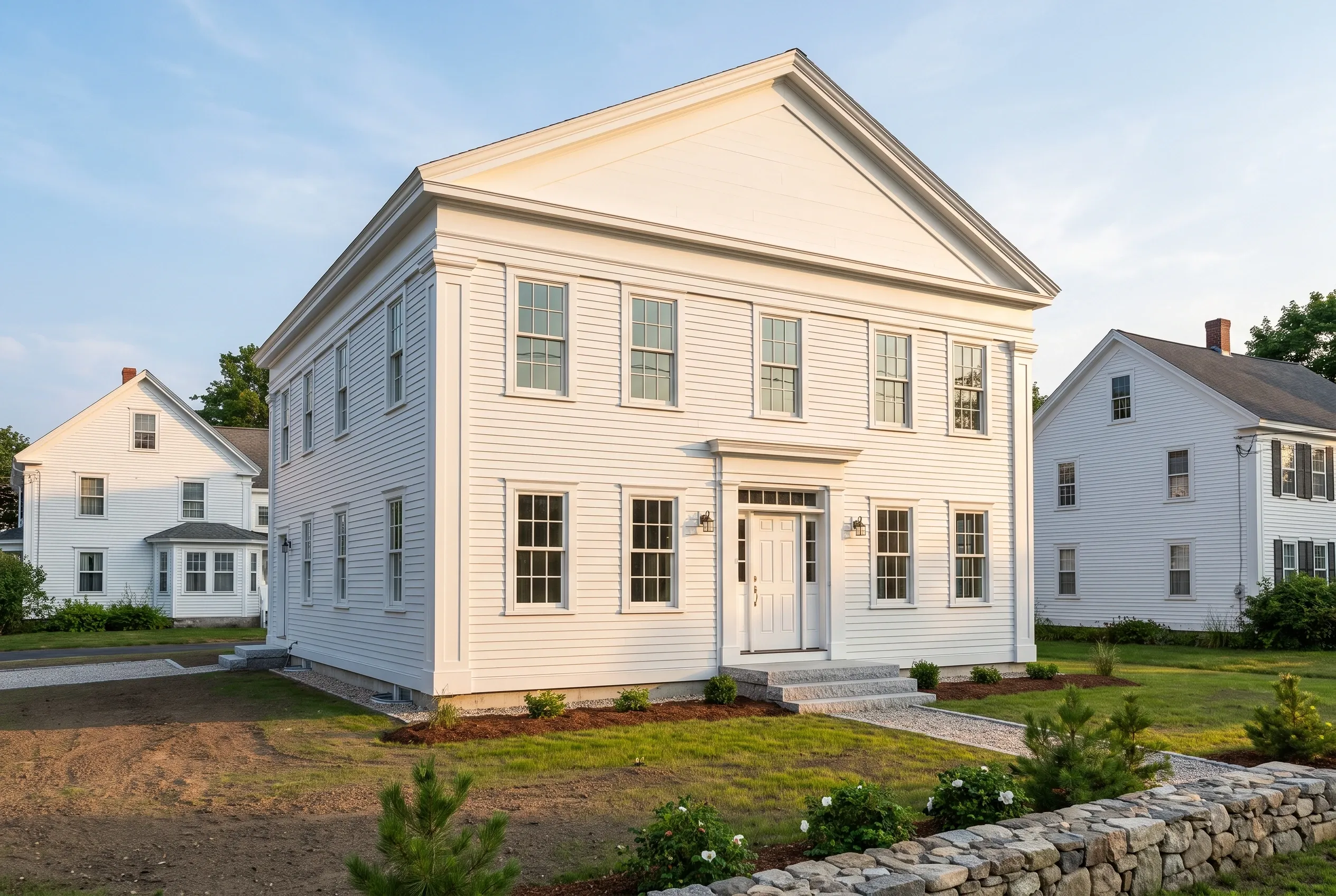 New colonial home in Kennebunk, ME: Two-story white clapboard house with cream trim, gabled roof, multiple windows, stone foundation, gravel driveway, landscaped grounds.