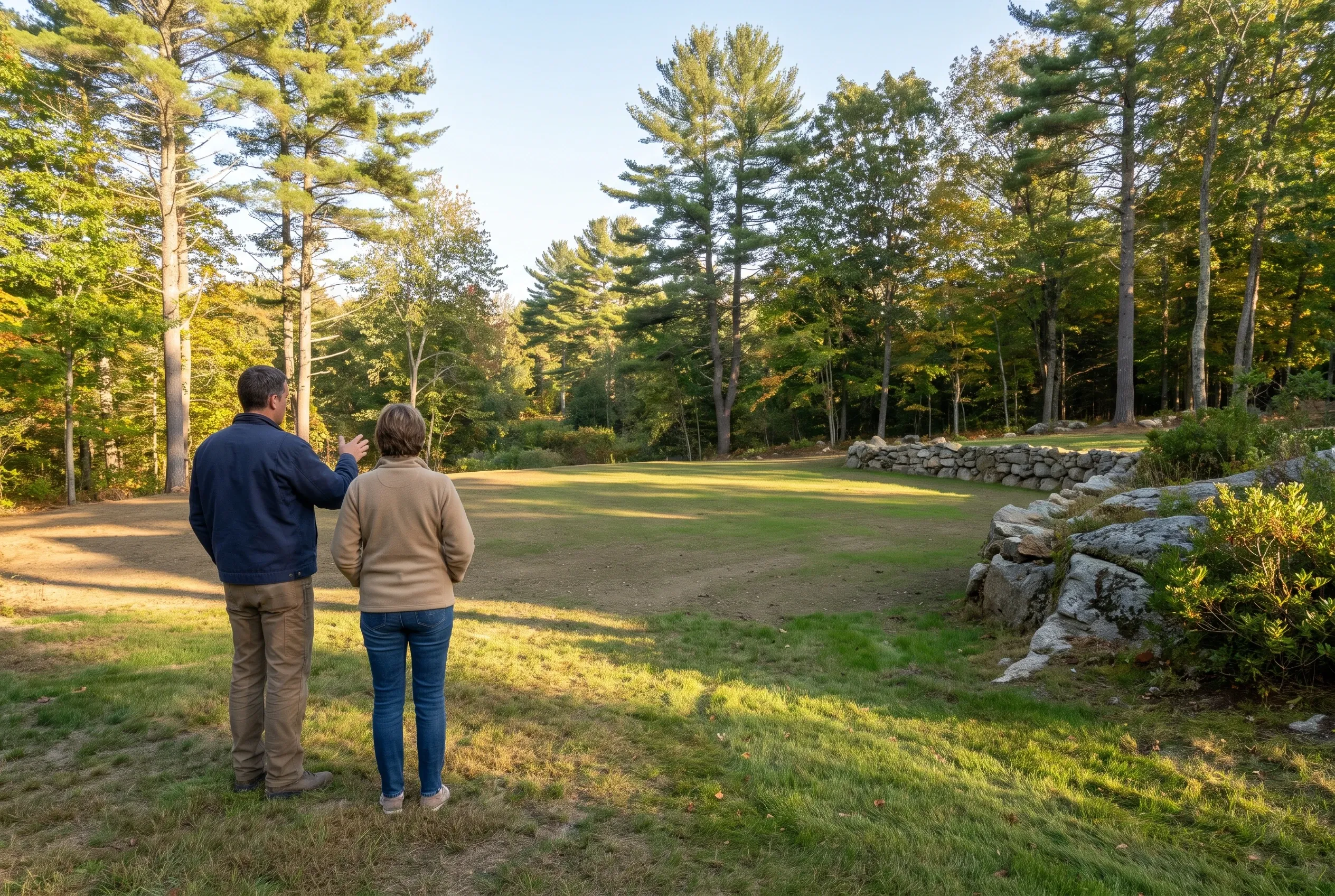 Residential lot in Kennebunk, ME: Two people standing on a cleared property surrounded by tall pine trees and stone walls, viewing the open land.