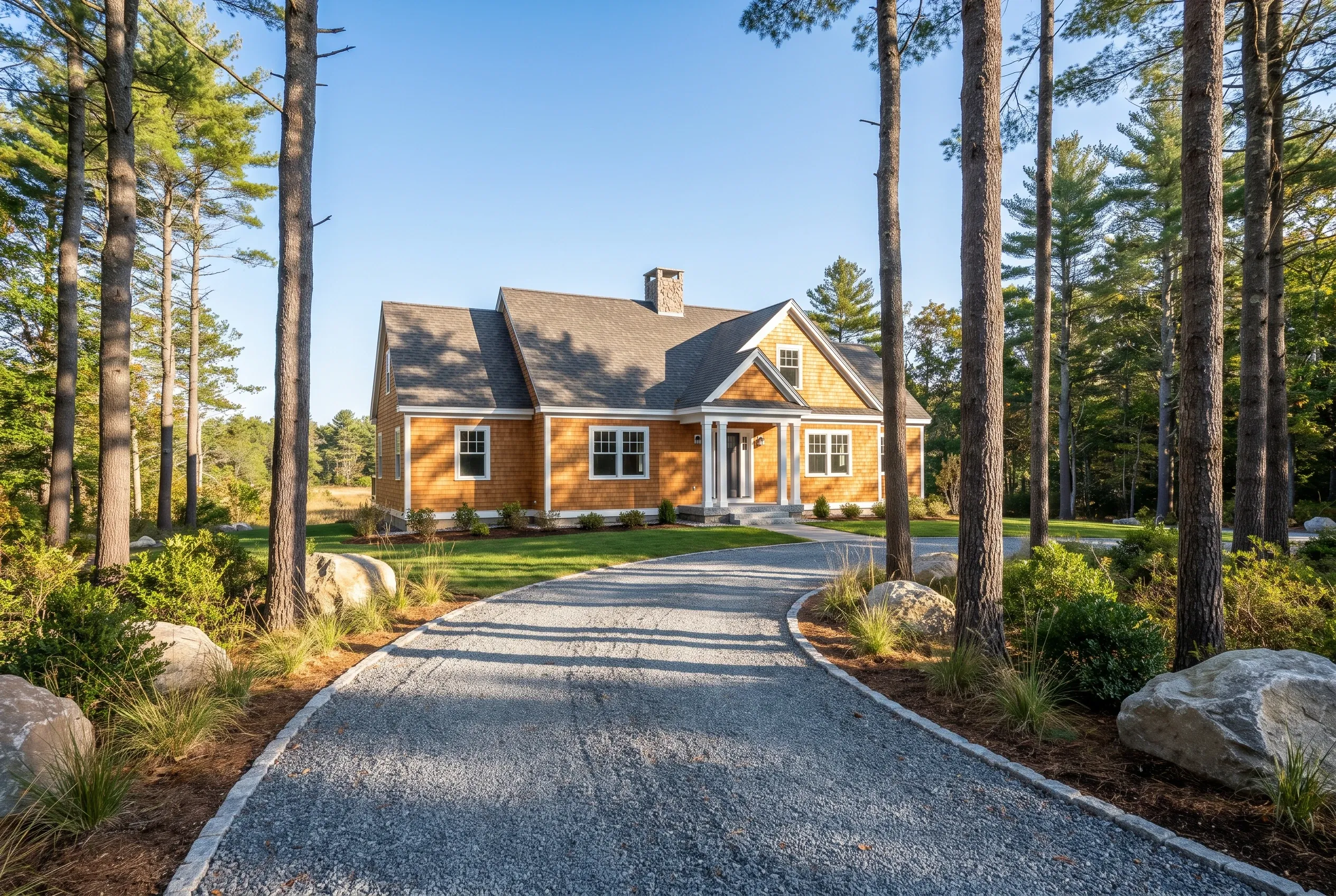 New England home in Kennebunk, ME: Orange-brown shingled house with white trim and dark roof surrounded by tall pine trees, gravel driveway, clear blue sky.