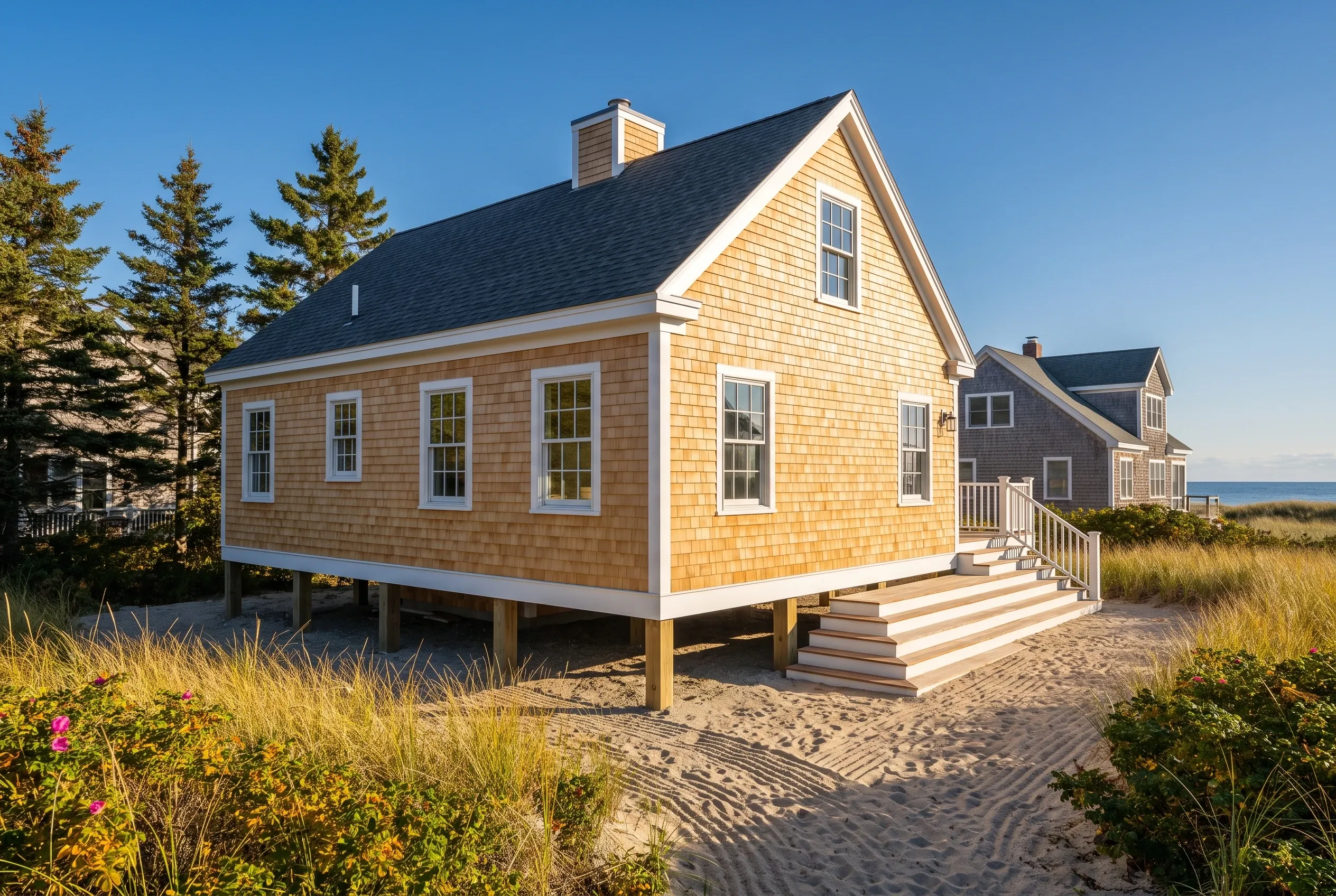 Beach cottage in Kennebunk, ME: Yellow cedar shake sided house with white trim and dark roof on stilts, surrounded by beach grass and evergreens, ocean visible in background.