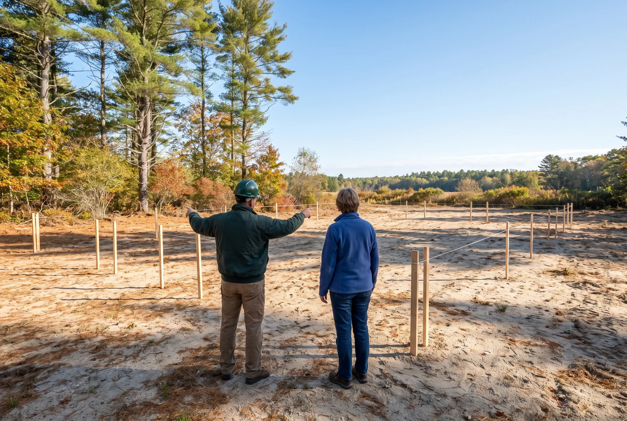 New Home Foundation Layout in Kennebunk, ME: Two people stand on a sandy lot with wooden stakes marking the foundation outline of a future home, surrounded by pine and deciduous trees.