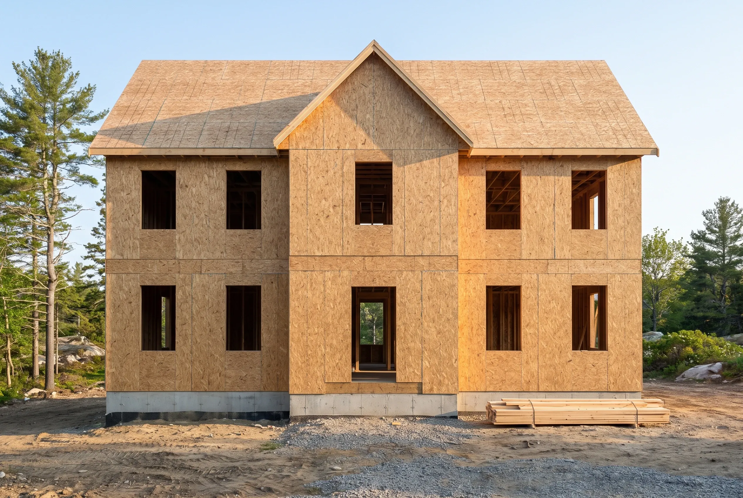 New construction home in Kennebunk, ME: Two-story house with tan OSB sheathing, open window and door openings, pitched roof with tan shingles, concrete foundation, surrounded by pine trees and gravel.