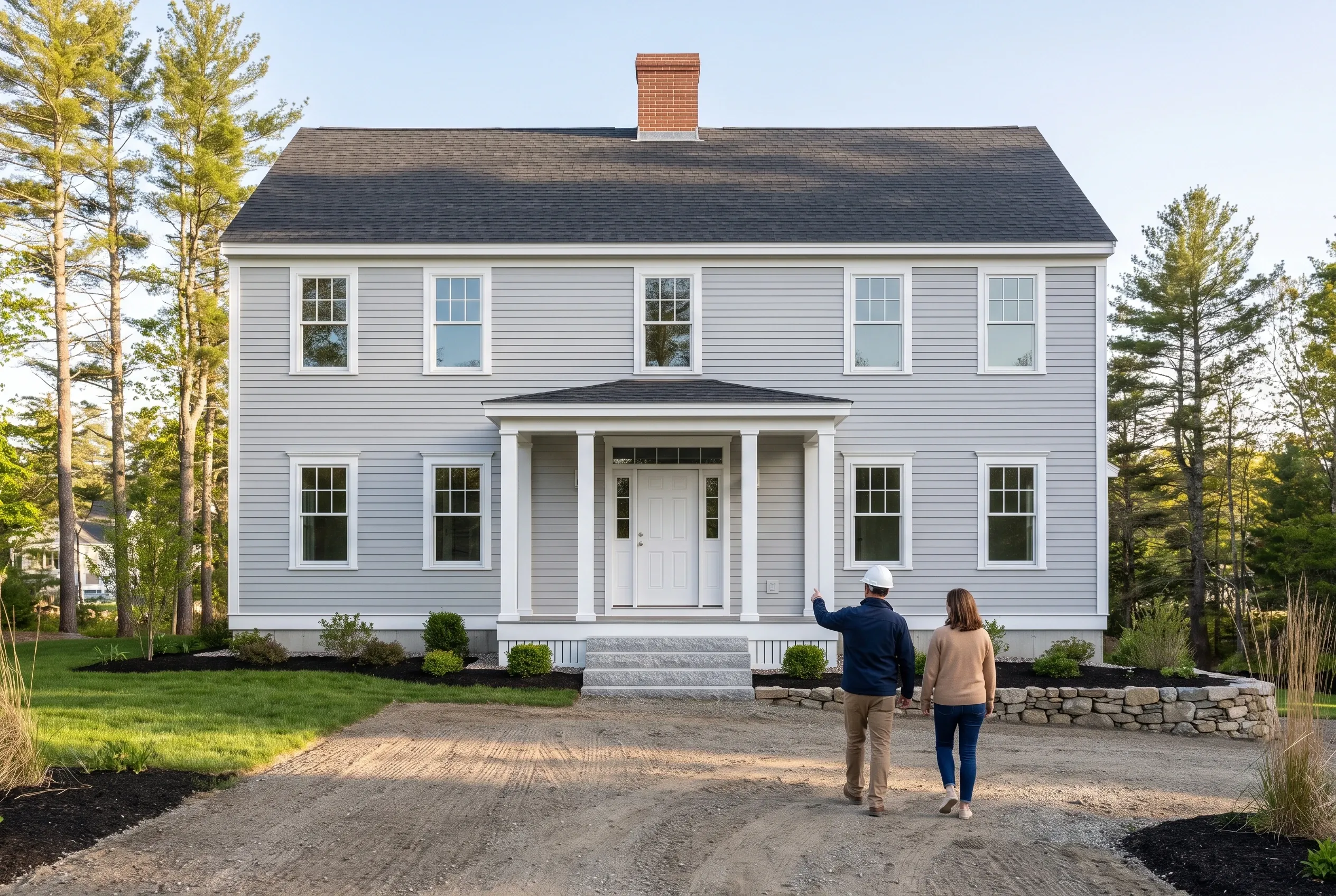 Two-story colonial in Kennebunk, Maine: White vinyl-sided house with white trim, gray roof, brick chimney, front porches, surrounded by pine trees. Two people walk toward the entrance on a gravel driveway.