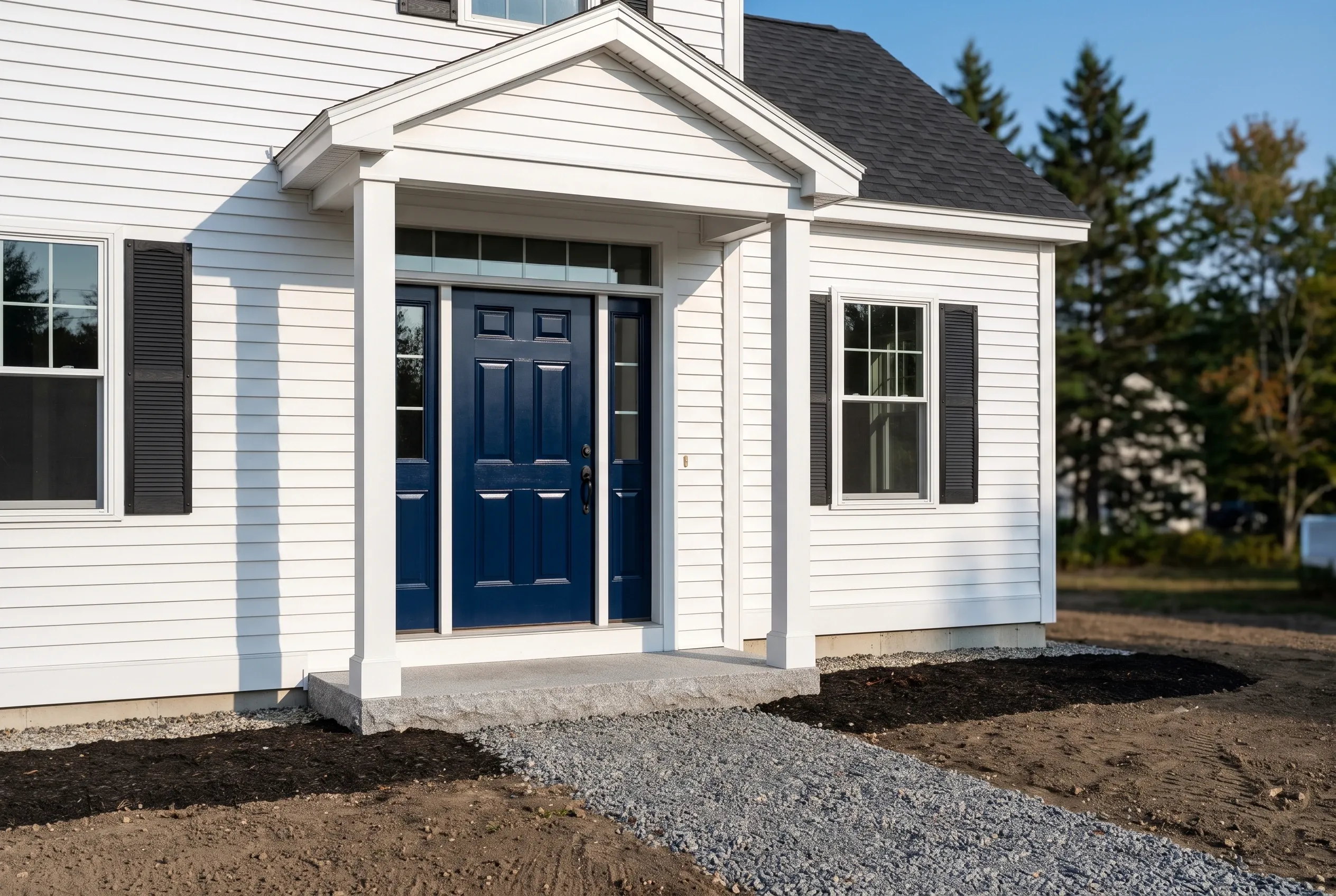 New home entryway in Kennebunk, ME: White vinyl-sided house with dark blue front door, white trim, dark roof, evergreen trees in background, gravel driveway.