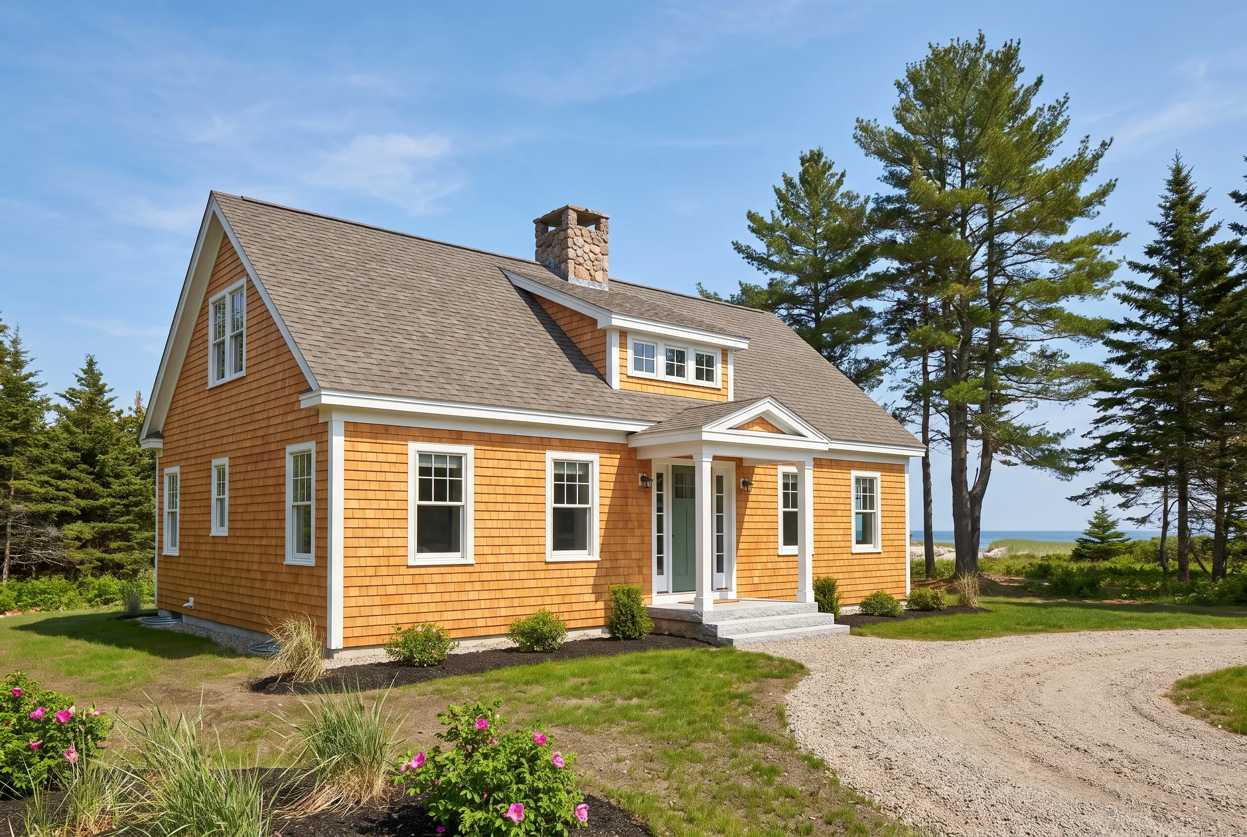 Coastal cottage in Kennebunkport, ME: Single-story home with orange cedar shake siding, white trim, gray shingled roof with dormer, brick chimney, gravel driveway, landscaped grounds with pink flowers, evergreen trees, and ocean view.