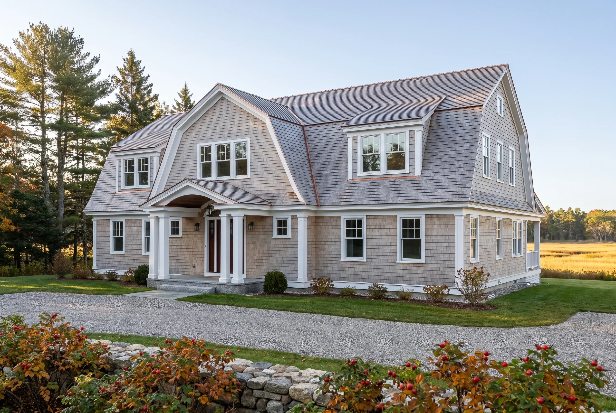 Custom home builder in Kennebunkport, ME: Two-story house with gray shingle siding, white trim, and gray roof surrounded by trees and open lawn.
