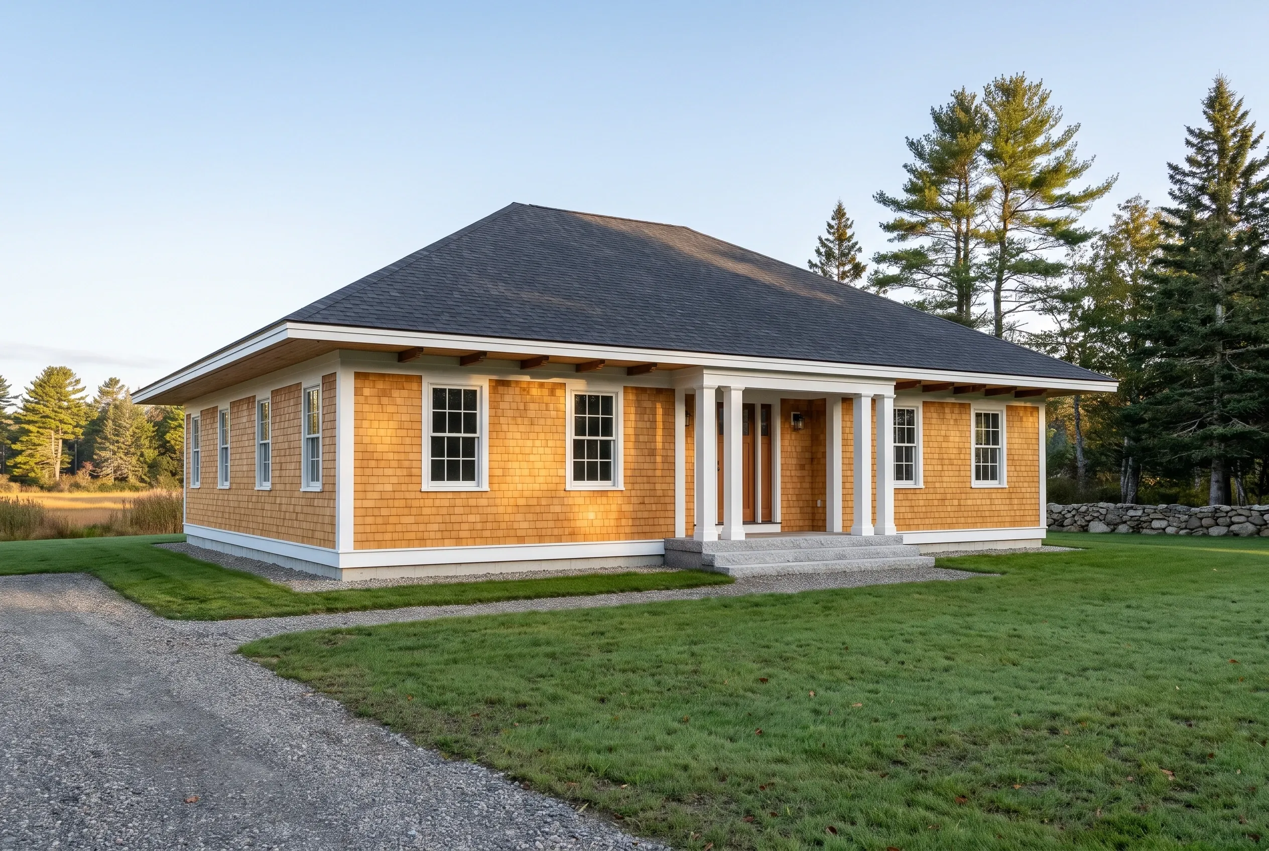 Modern single-story home in Kennebunkport, ME: A one-story house with golden cedar shake siding, white trim, and a dark gray hip roof sits on a gravel driveway with green lawn and evergreen trees in the background.
