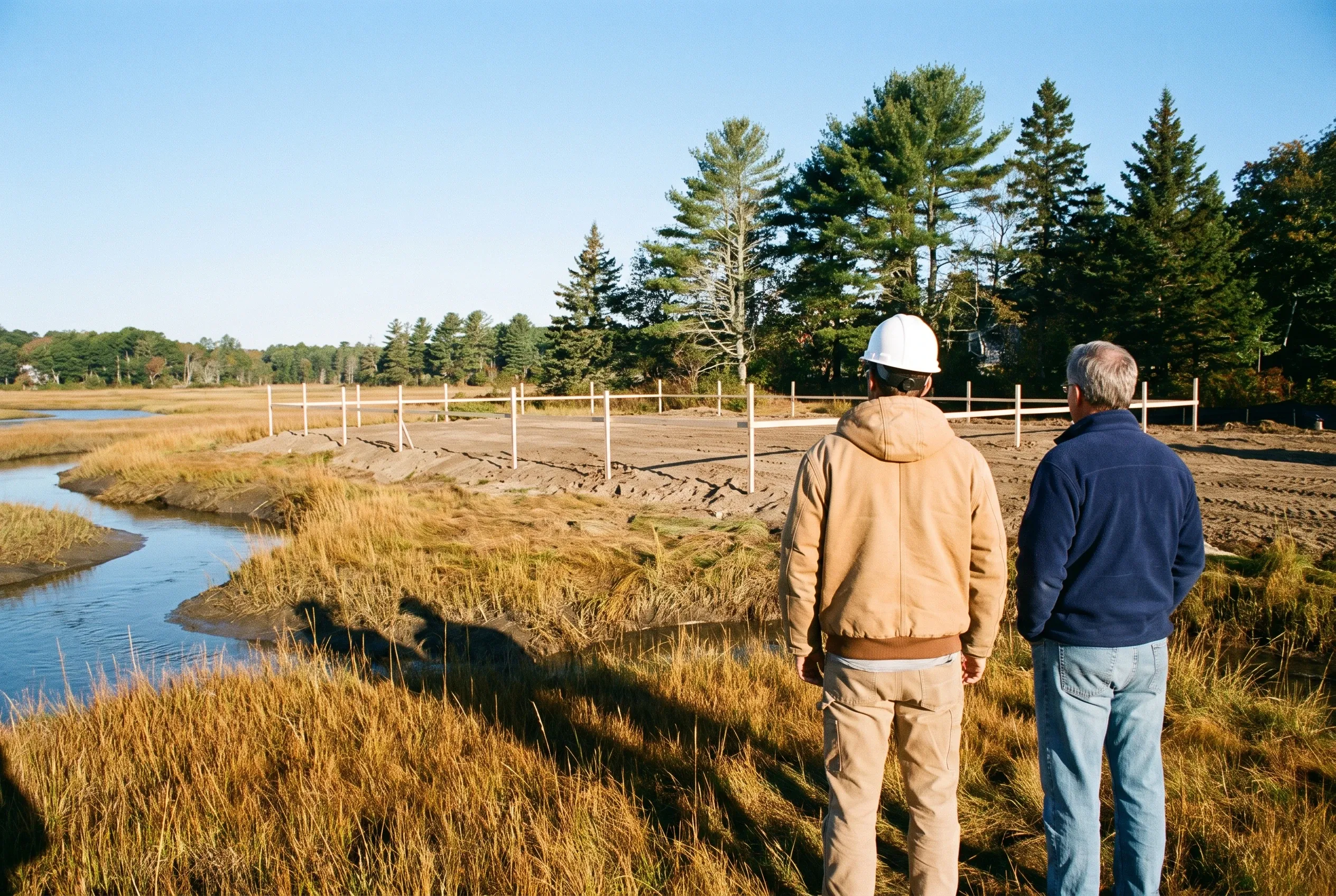 Coastal Maine home construction site: Two men viewing foundation posts on sandy lot with marsh grasses, water, and evergreen forest backdrop.