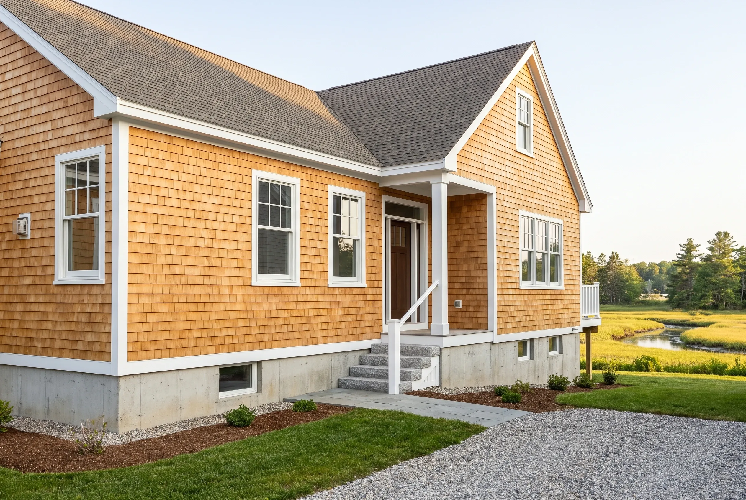 New England cottage in Kennebunkport, ME: Single-story home with golden cedar shake siding, white trim and columns, gray shingled roof, concrete foundation, gravel driveway, green lawn, marsh and trees visible beyond.