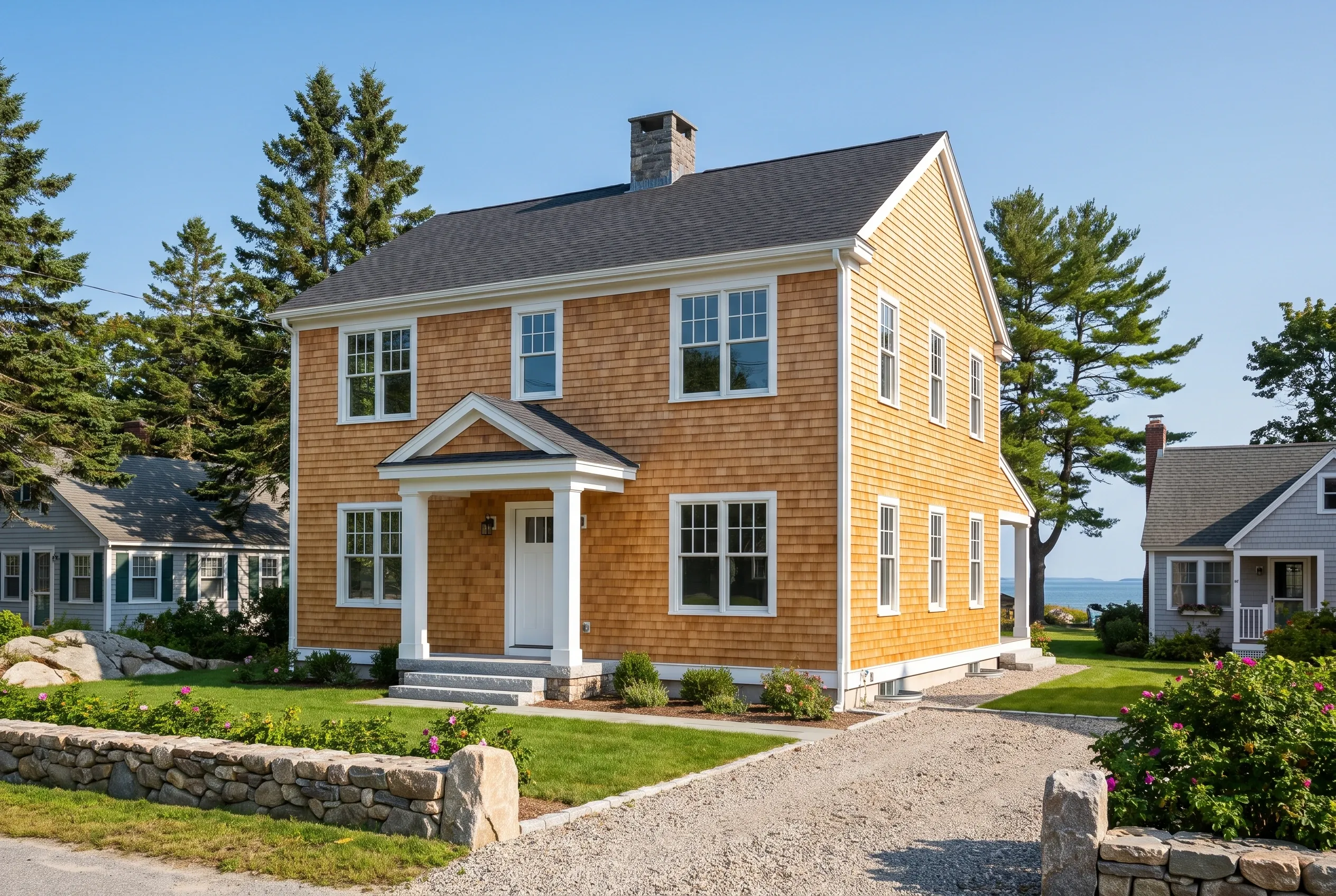New England colonial home in Kennebunkport, ME: Two-story house with golden cedar shake siding, white trim, dark gray roof, and central gable entry. Stone foundation visible. Surrounded by lawn, evergreen trees, and stone landscaping borders.