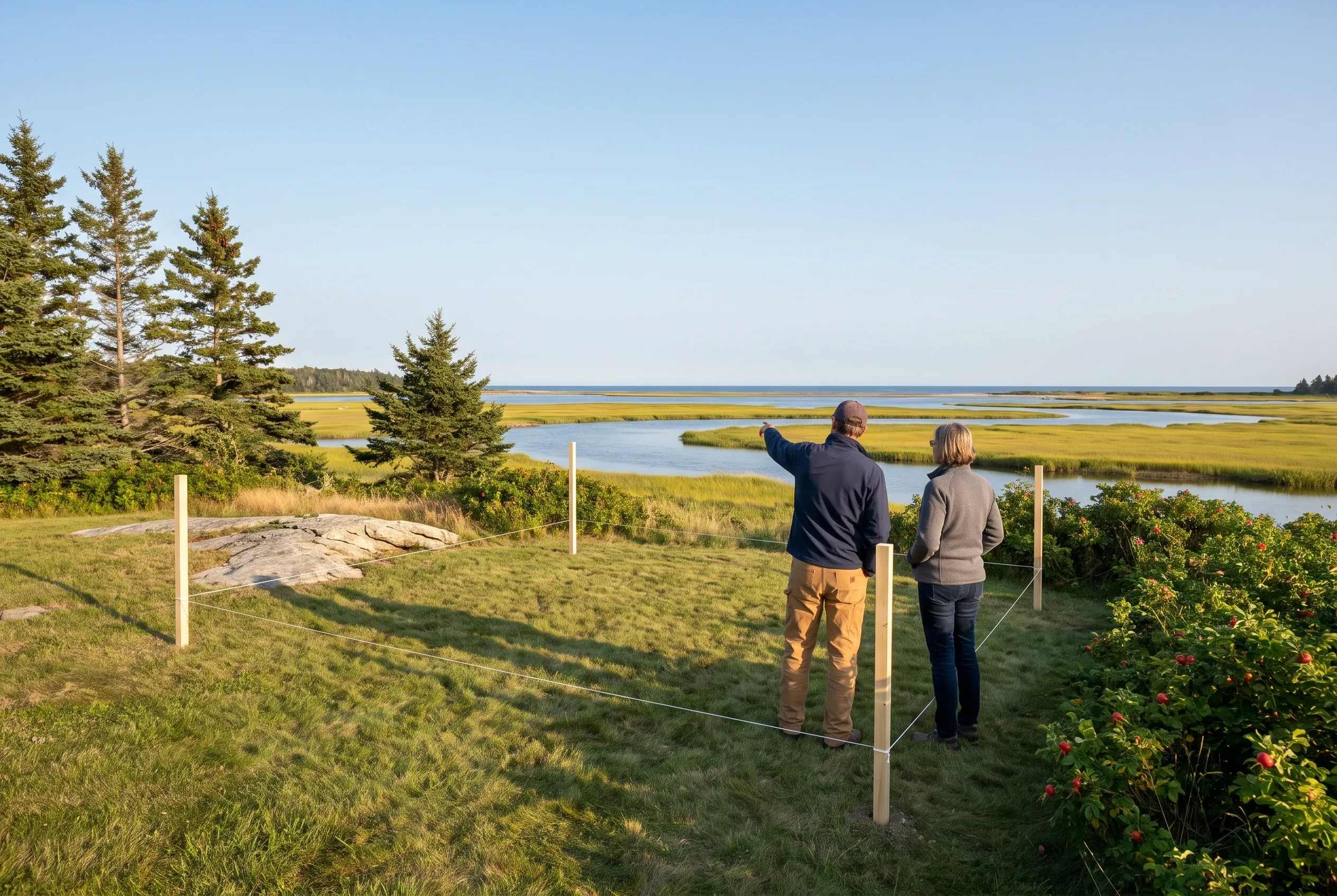 Coastal Maine viewing area: Two people standing at a fenced overlook on grassy grounds with evergreen trees, looking out over marshland and water.