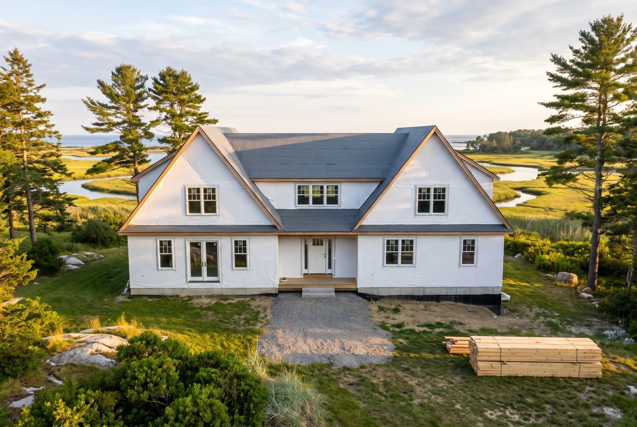Modern farmhouse in Kennebunkport, ME: White-sided two-story home with dark roof, copper trim, multiple gabled peaks, and front entry. Surrounded by tall pine trees, green lawn, and coastal wetlands with water visible in background.