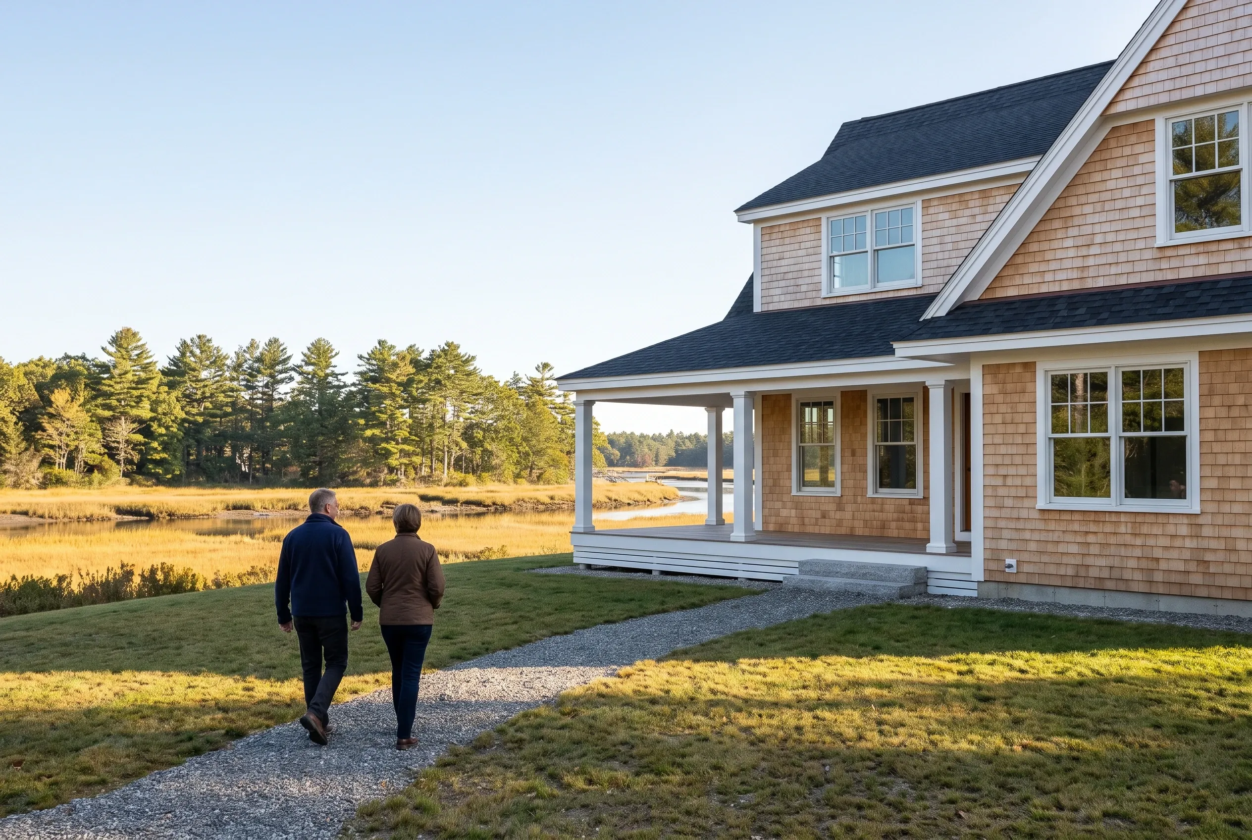 Waterfront home in Kennebunkport, ME: Couple walking on gravel path beside tan cedar-shingle house with white trim, dark roof, and covered porch overlooking marsh and pine forest.