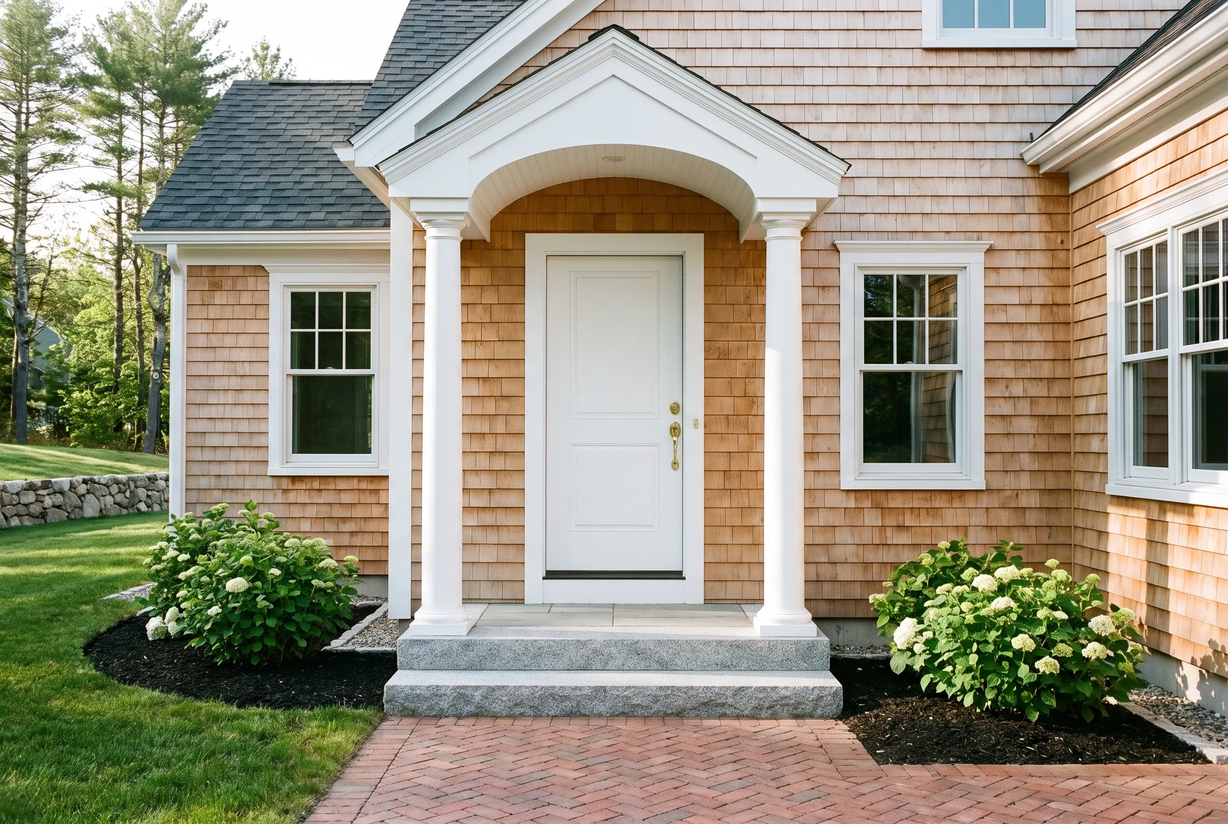 Cedar shake home entrance in Kennebunkport, ME: Light brown shingle siding with white trim columns frame a white door. Gray stone step, brick walkway, hydrangea plantings, gray roof, windows visible.